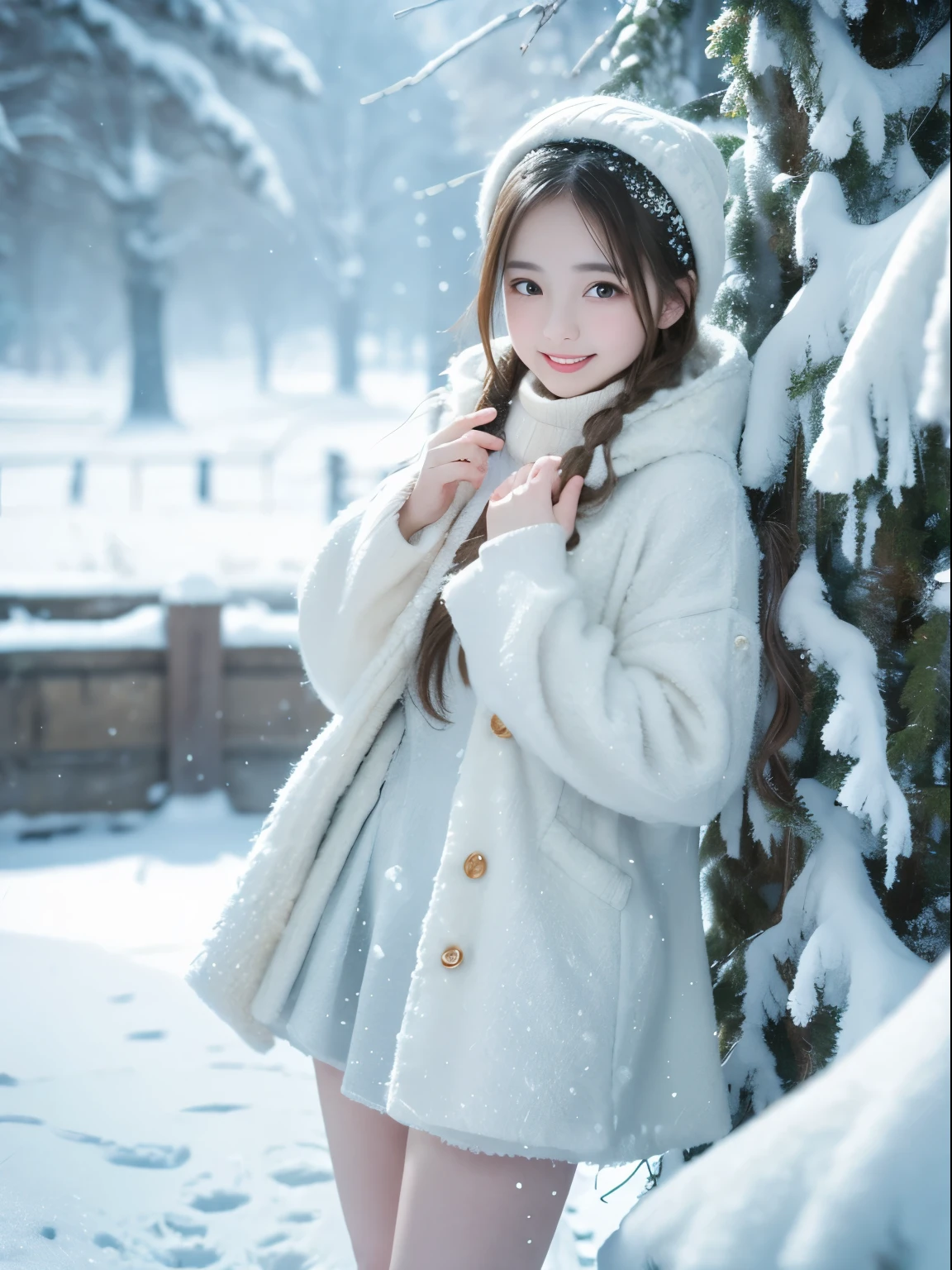 girl in pleated miniskirt, Snowy landscape, Winter wonderland, Cute and innocent look, rosy cheeks, Sparkling eyes, warm winter clothes, Poses in motion、footsteps in the snow, Falling snowflakes, Frosty tree, Snowy ground, soft snow texture, gentle and delicate lighting, Pastel color palette, dreamy ambiance, quirky and magical, A masterpiece of high resolution:1.2, Ultra-detailed, Realistic:1.37, Vivid colors, Bokeh、innocent smiles