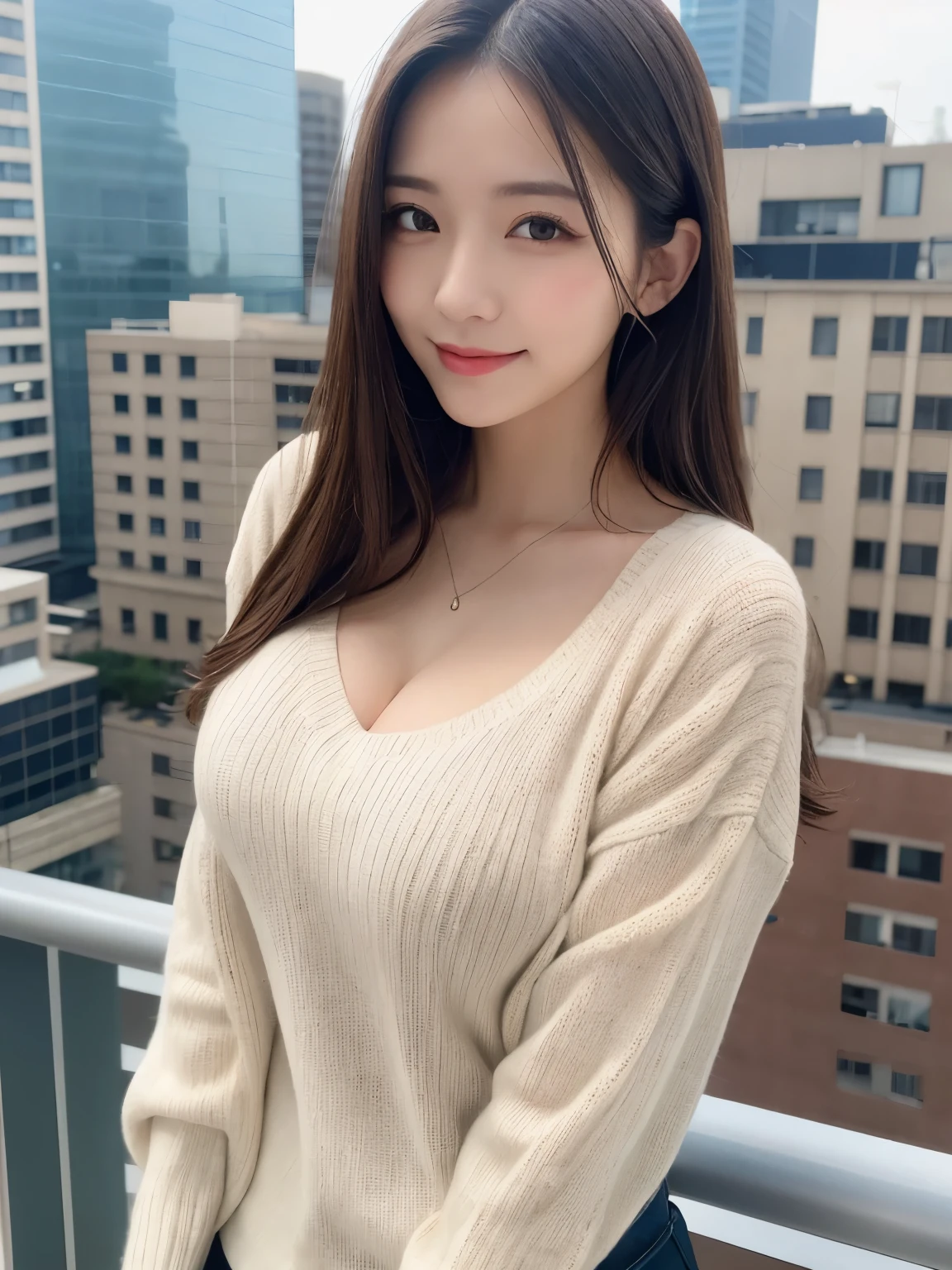 masutepiece, Best Quality, Photorealsitic, finedetail, hight resolution, 8K Wallpapers, Perfect dynamic composition, Beautiful detailed eyes, Medium Hair、Random and sexy poses,Random cases、(skinny white knitwear)、(Breast bulge 1.2)、A smile、overlooking a city、25-years old、(Drooping eyes 1.3)、 Beauty、jpn