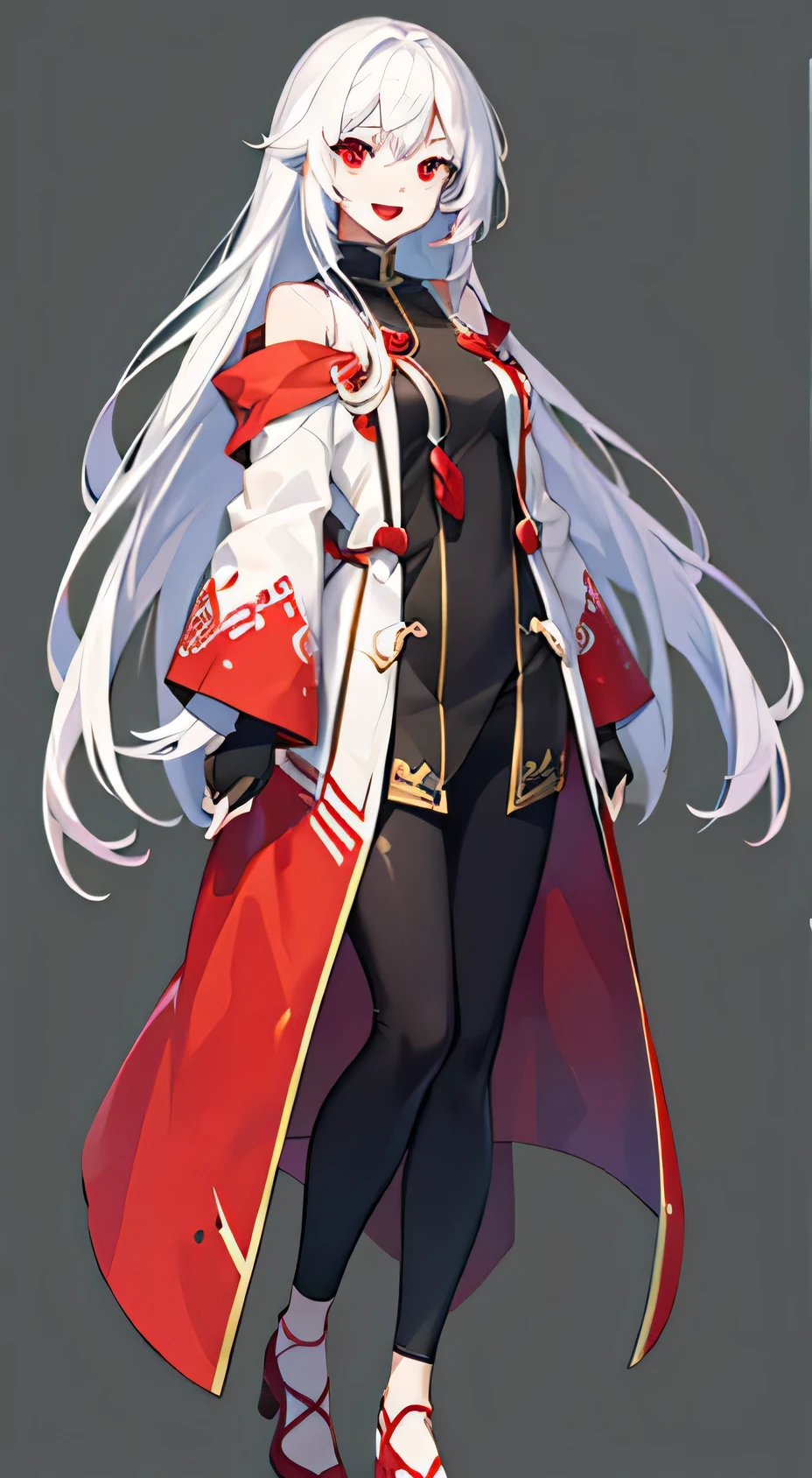 Full body, Upright, Arms at sides, Looking at Viewer, Simple background, 1girl in, Open mouth, Smile,Red Eyes、White hair