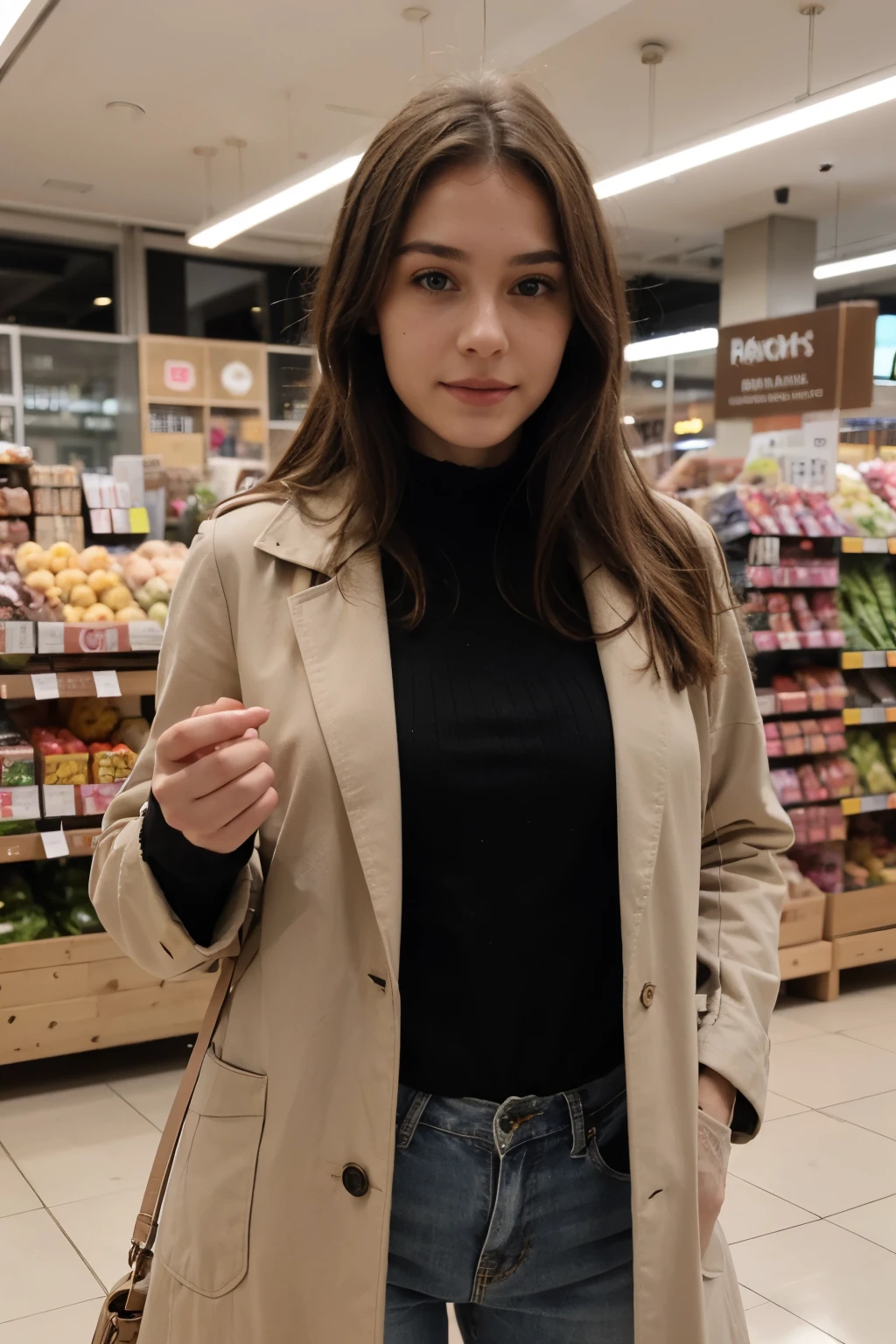 Fille brune réaliste et naturel in a magasin faisant ses courses bien habillée with a coat