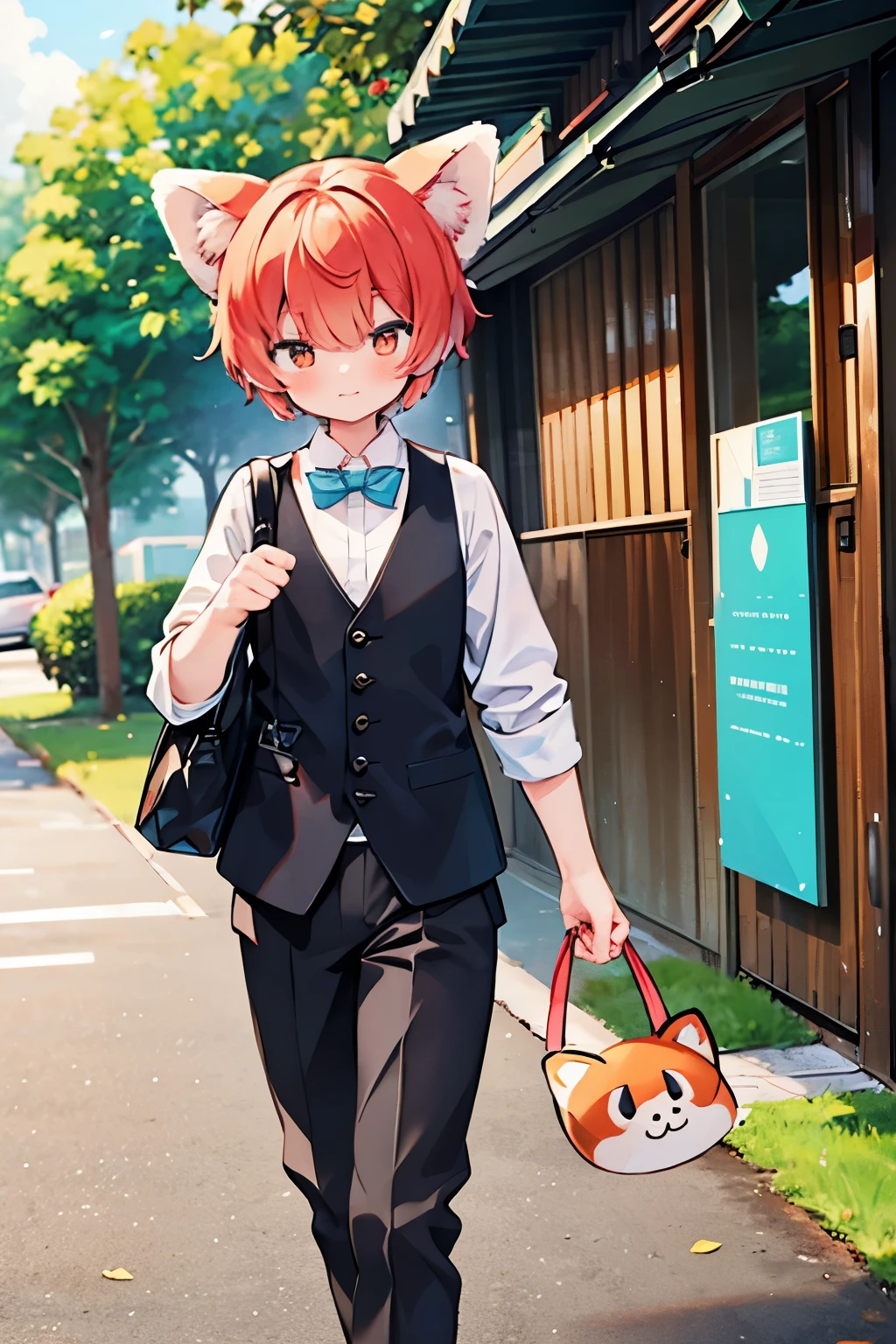 Handsome boy with red panda ears, wag your tail, ​masterpiece, Best Quality, leaving work, Professionals