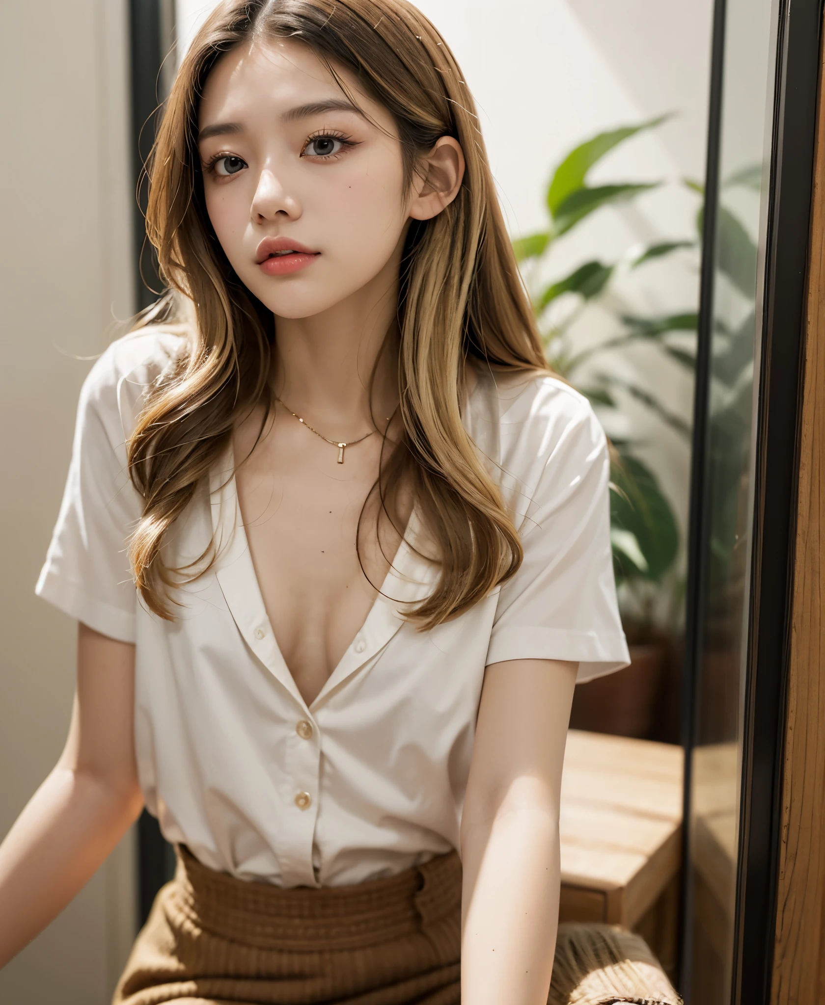 (1girl), (18-year-old White Asian girl), ((long blonde hair)), (brown eyes), (small nose), (eyeliners), (eye shadows), (light makeup), (small flat busts: 1.7),  (eyes looking at the camera), (straight upper body straight portrait), (fully unbuttoned white shirt), (cleavage), (black mini skirt)