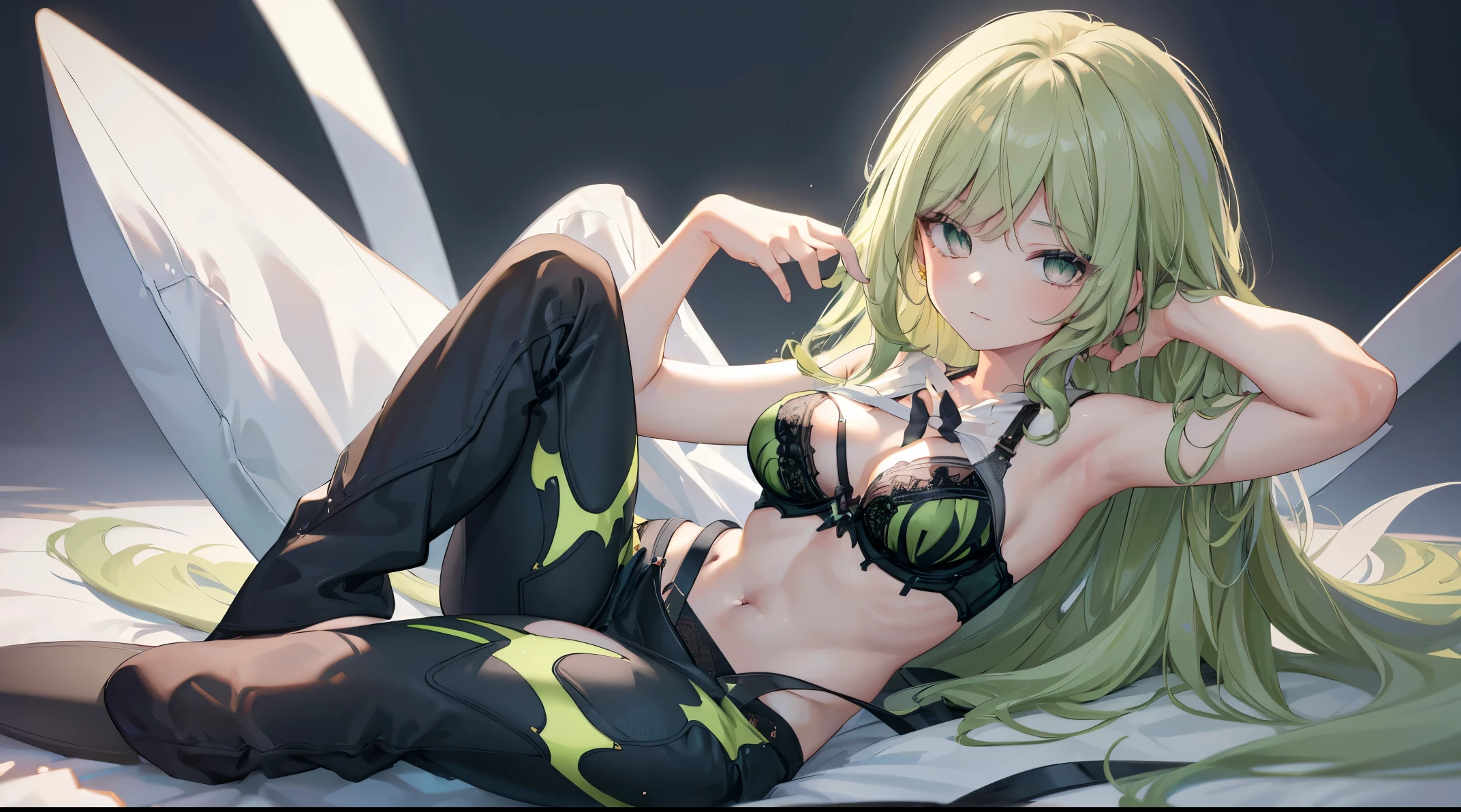 ((4k, masterpiece, top-quality)),8k, best quality, high resolution, HD, (illustration:0.8), super cute girl, delicate and beautiful face, mature girl, super cute hairstyle, extremely detailed face, perfect lighting, extremely detailed CG, (perfect hands:1.3, perfect anatomy:1.2), super complex details, intricate details, Best quality, (green eyes:1.3), green hair, (solo:1.1), small breasts, cleavage, navel, t-shirt, ((bra)),clothes lift, skirt, lying, full Body, perfect body ,sitting, armpit