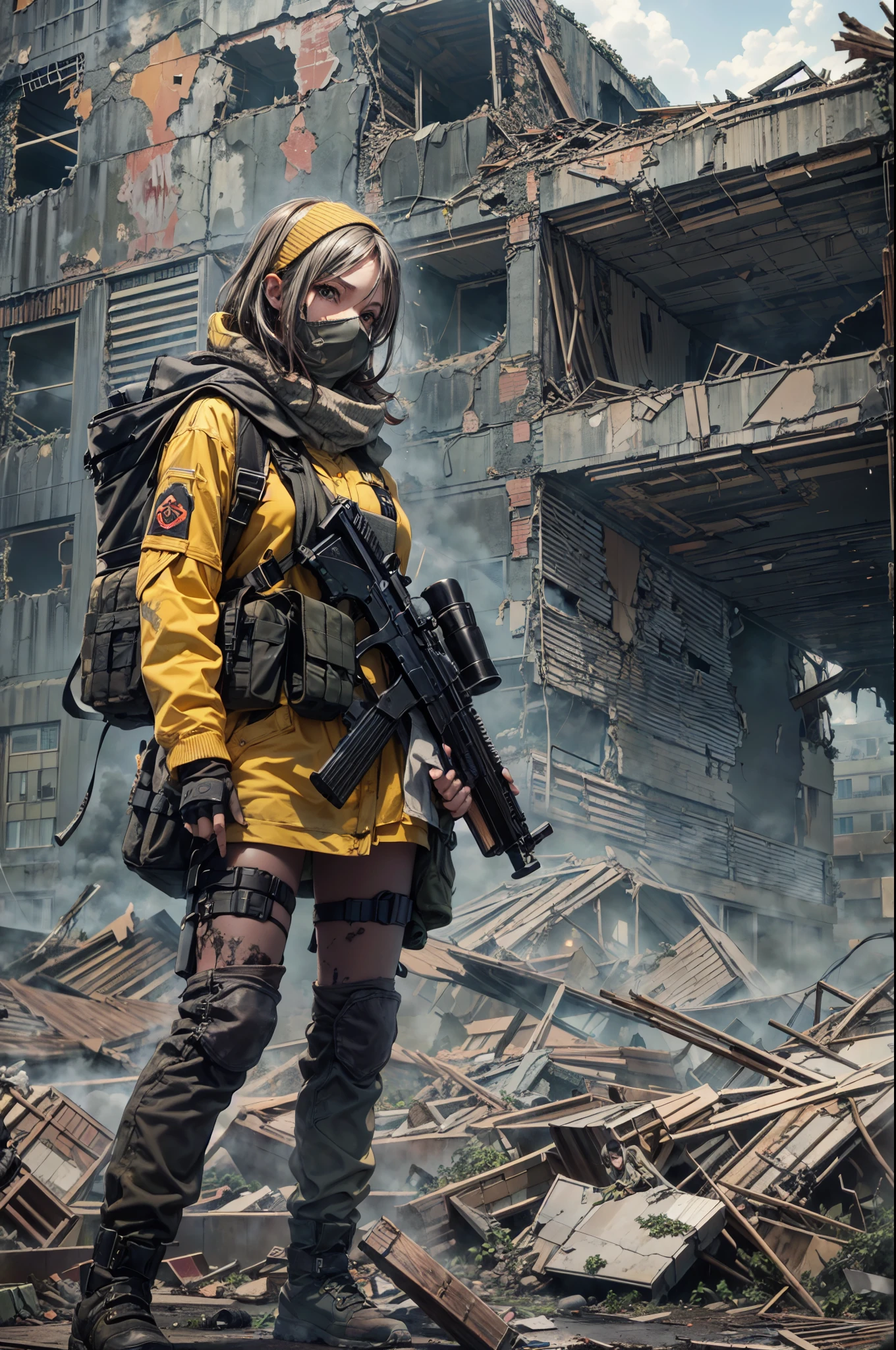 masterpiece, best quality, high resolution, rich details, 8k, extreme light and shadow, image of a beautiful young girl wearing tactical gear, holding a AK47 with two hand, walking down a desolated street in a collapsed city, post apocalypse, smoke and fog in the air, BREAK yellow gray sky covered with toxic cloud, collapsed building, broken street, tall body, detailed face, detailed eye, cold face, dirty, (post apocalypse theme),