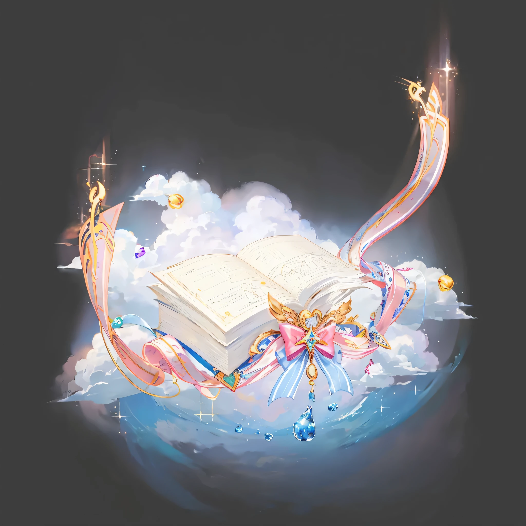 one book，above the cloud knot，Ribbon floating，Long ribbon，metal decoration，Fantastic and magical，Shiny，k hd，4K