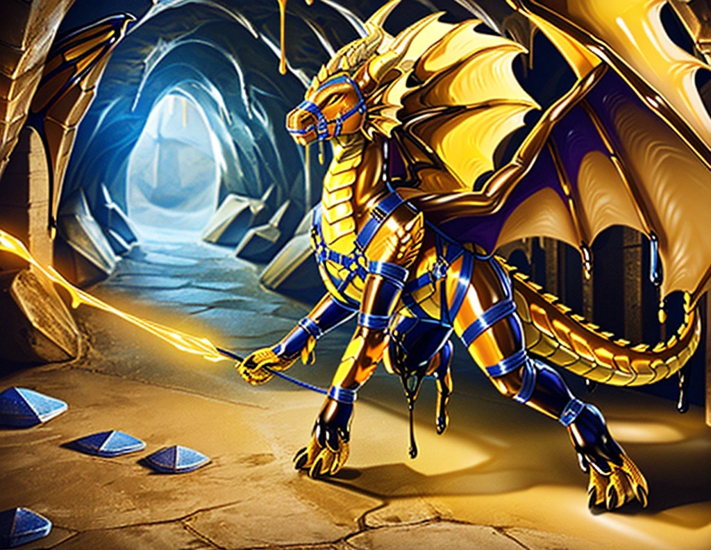 red yellow orange, a photorealistic HD cg closeup render of a female paladin morphing into a latex dragon as a cursed dragon tack wraps around her body, red and yellow with orange accents, human latex dragon hybrid, wearing dragon's saddle, harness, bridle, and mithril plate armor, inside abandoned stall in subterranean dragon aerie cave, heavy armor, human morphing into latex rubber goo dragon, latex goo coating