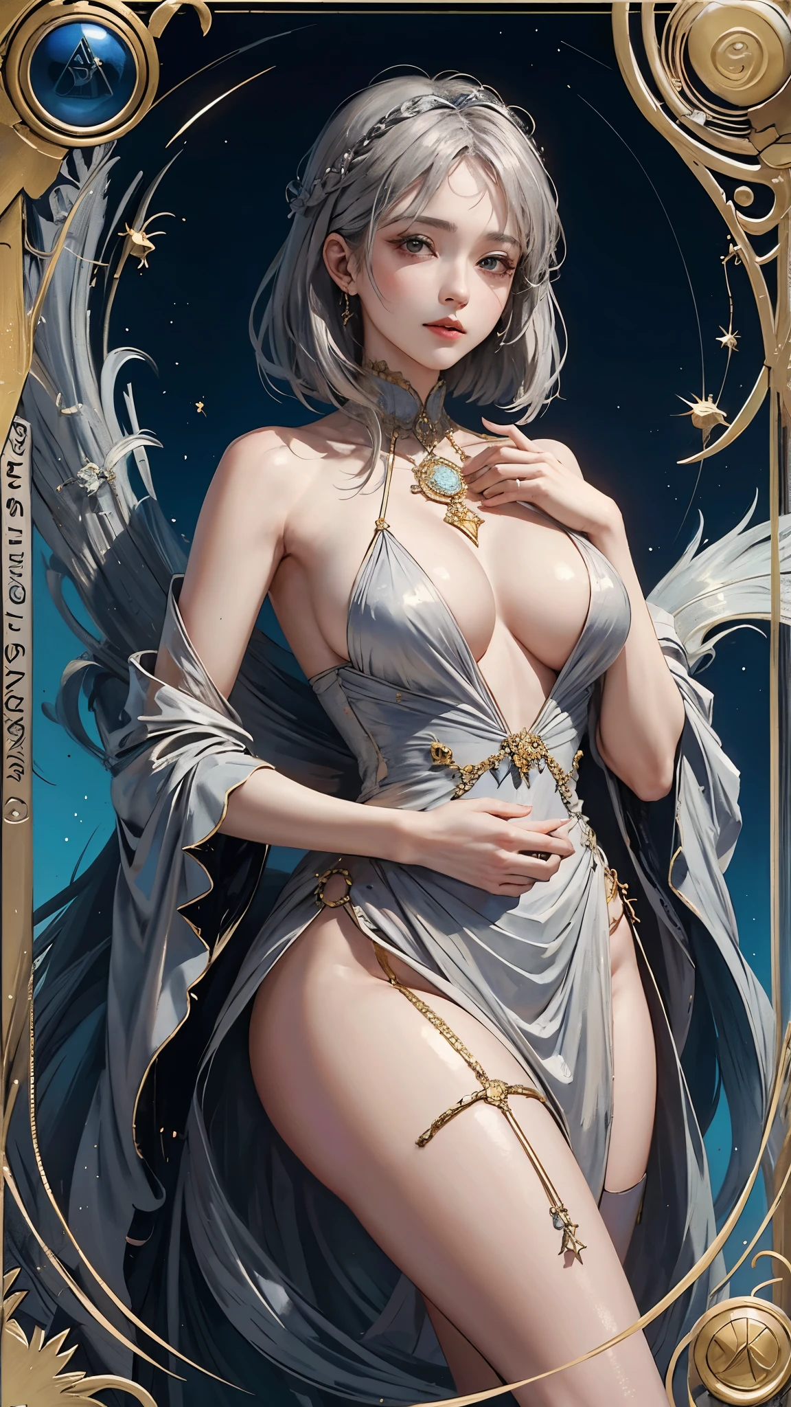 anthropomorphic gemstone diamond、(masterpiece、top-quality、top-quality)、(((Beautiful anime style girl、)))、28 year old、oversize model、((((beutiful breast)))、((Silvery hair)))、silver eye、hairstyle is short bob、Hair is straight、Extreme details、colourfull、Groism、Birthstone Diamond Image Frame、カン・リフィスとヴァディムカシンによるアートconcept-art、Ethereal、bold pose lawless、Pure form、the golden ratio、Khan Griffith、Wadim Kashin、john william waterhouse、abstract art、 (masterpiece、top-quality、hight resolution: 1.4)、More about realism、color splashes、line-drawing、Fibonacci、concept-art、foco nítido、illustratio、Art by Alphonse Mucha、Tarot Cards、Sexual References