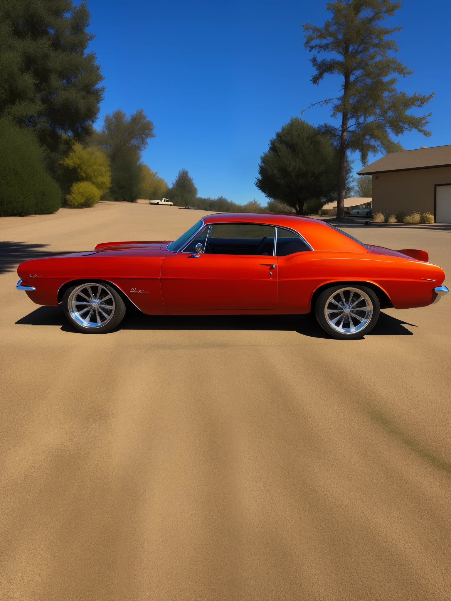 a red car parked in a lot with a blue sky in the background, restomod, muscle cars, 1961”, a beautiful detailed orixa, front side full, by Doug Wildey, side front view, sideview, side - view, side-view, front side, professional paint job, front shot, looking regal and classic