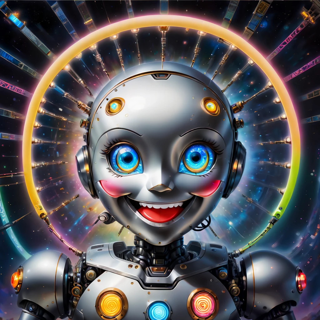 In a distant future,In a city illuminated by technology and neon lights,(A giant painting of a robot’s smiling face stands)。 The background of this painting is the deep universe,Dotted with brilliant stars and swirling nebulae。(The robot's smiling face is in the center of the painting),takes up most of the space。 (The smiley face is made of metal and electronic components),surface covered with sparkling neon lights。((Its eyes are two bright LED lights,The mouth is a curved metal bar,the ends are upturned,form the arc of a smile))。 The smiley face is surrounded by various electronic components and mechanical devices,They're like robot nerves,constantly shining。These elements and devices are connected to smiley faces,seems to give it life and consciousness。 in the lower right corner of the painting,There is a little girl standing in front of the robot's smiling face。She was dressed in shabby clothes,With an expression of curiosity and awe on his face,Looking up at the giant robot smiling face。 This painting depicts a technological and futuristic scene,it is reminiscent of artificial intelligence、The relationship between robots and humans。It also makes people think about the status and role of human beings in the future world。