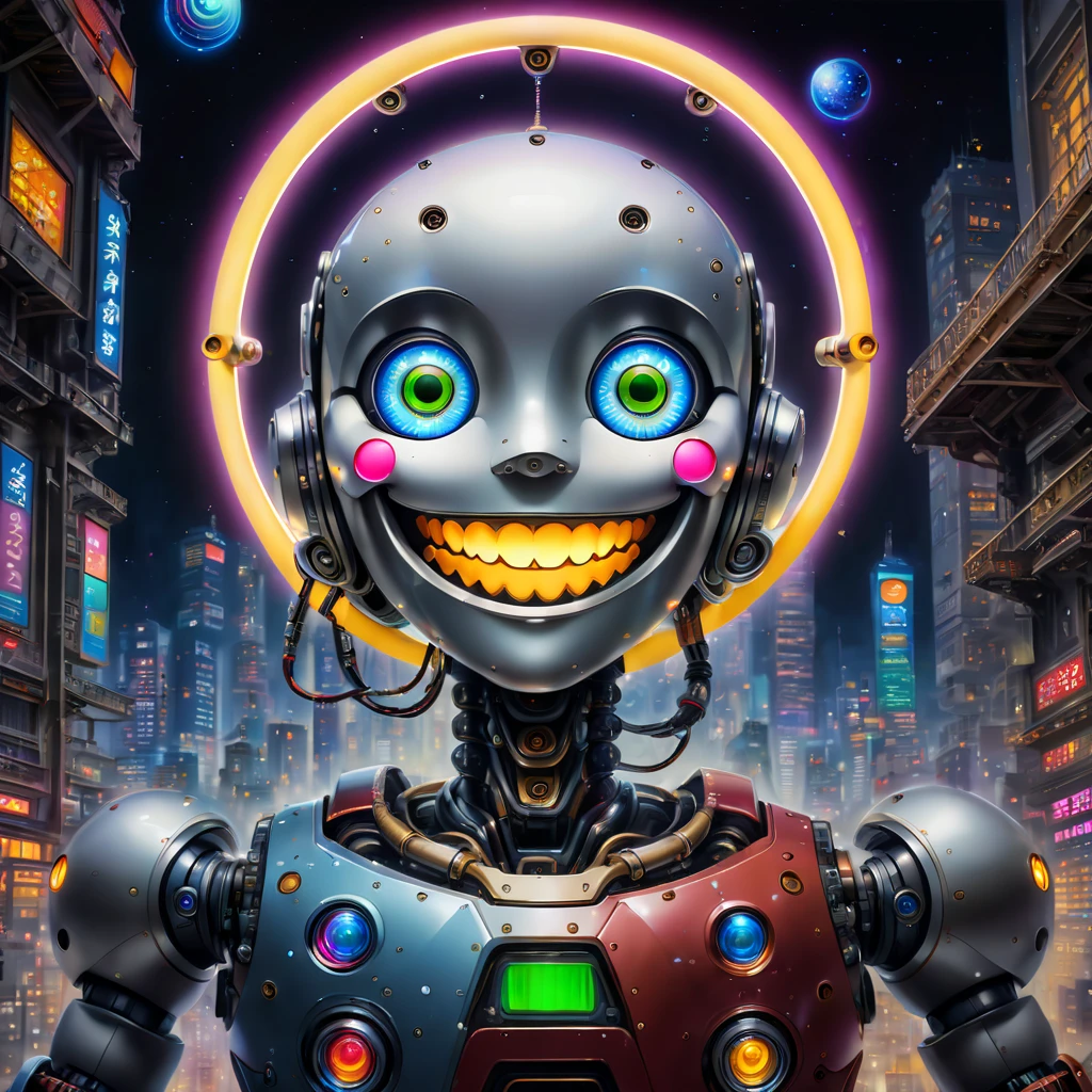 In a distant future，In a city illuminated by technology and neon lights，(A giant painting of a robot’s smiling face stands)。 The background of this painting is the deep universe，Dotted with brilliant stars and swirling nebulae。(The robot&#39;s smiling face is in the center of the painting)，takes up most of the space。 (The smiley face is made of metal and electronic components)，surface covered with sparkling neon lights。((Its eyes are two bright LED lights，The mouth is a curved metal bar，the ends are upturned，form the arc of a smile))。 The smiley face is surrounded by various electronic components and mechanical devices，They&#39;re like robot nerves，constantly shining。These elements and devices are connected to smiley faces，seems to give it life and consciousness。 in the lower right corner of the painting，There is a little girl standing in front of the robot&#39;s smiling face。She was dressed in shabby clothes，With an expression of curiosity and awe on his face，Looking up at the giant robot smiling face。 This painting depicts a technological and futuristic scene，it is reminiscent of artificial intelligence、The relationship between robots and humans。It also makes people think about the status and role of human beings in the future world。