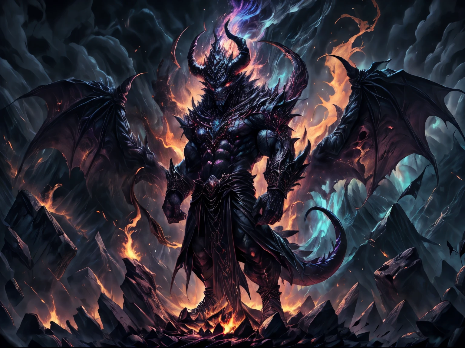 ((((((((full body)))))))), Portrait of a terrifying dragon sitting on a mountain, 3/5 shots, hight resolution, masterpiece, foco nítido, lighting like a movie, Black magic style, dim colorire-breathing, Surrounded by smoke, Burning Forest,ruin city,Detailed chest depiction,(highres,realistic,)A humanoid devil with a fierce face, possessing beautiful detailed eyes and lips, and an extremely detailed face. The devil is shown with long eyelashes, exuding a sense of danger and power. Its skin has a red and black color, giving it a demonic appearance. The devil's body is fit and muscular, radiating strength. It is adorned with intricate tattoos covering the arms and chest, giving it a sinister and mysterious aura. The devil's attire consists of dark, torn robes that flow with an ethereal quality.

The devil's most striking features are the big burning demon wings, which stretch out majestically from its back. The wings are engulfed in flames and emit an intense heat, creating an atmosphere of chaos and destruction. Each feather of the wings is delicately sculpted and shines with vibrant colors, adding to the demonic presence.

The devil is crowned with a pair of large horns that curve upward, adding to its menacing appearance. These horns are adorned with intricate engravings,  them a symbol of power and dominance. Additionally, a sharp thorn runs through the devil's body, representing pain and suffering.

The environment surrounding the devil is a hellish landscape, with flames and lava creating an intense, fiery atmosphere. The air is filled with smoke and ash, further enhancing the feeling of a demonic realm. The lighting in the scene is dim and eerie, casting long shadows and highlighting the devil's features.

Overall, this artwork is a masterpiece, showcasing the depth and realism of the devil's presence. The use of ultra-detailed design, realistic rendering techniques, and vivid colors brings this demonic figure to life, leaving a lasting impression on the viewer.