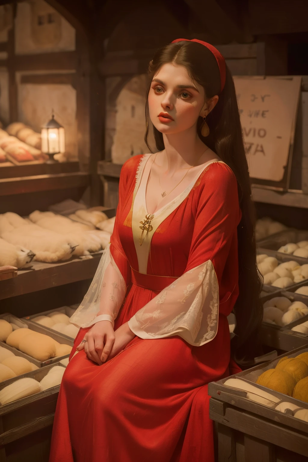1142, Kingsbridge, England. otherworldly scene in a medieval crowded outdoors market, ((((22-year-old)) Alexandra Daddario)), in the middle of a multitude, selling sheep fleece, ((terrified expression)), ((((scarlet tunic gown from the 12th century)))), ((Hairstyle of the 12th century)), ((Wes Anderson cinematic style)), colorful