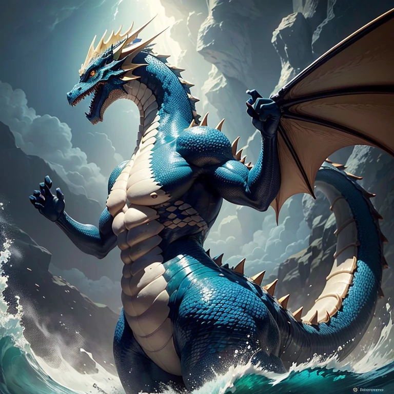 A dragon with a huge body and a leader-like presence emerges from the depths of the ocean, its heavy tortoiseshell shell glistening in the light. Its long tail gracefully sways through the blue swell sea. The dragon is rendered with exceptional detail using occlusion rendering techniques. The artwork has a super-fine level of intricacy, ensuring every scale and feature is meticulously captured. The image is of high quality, boasting a high resolution that showcases the dragon's majestic figure.