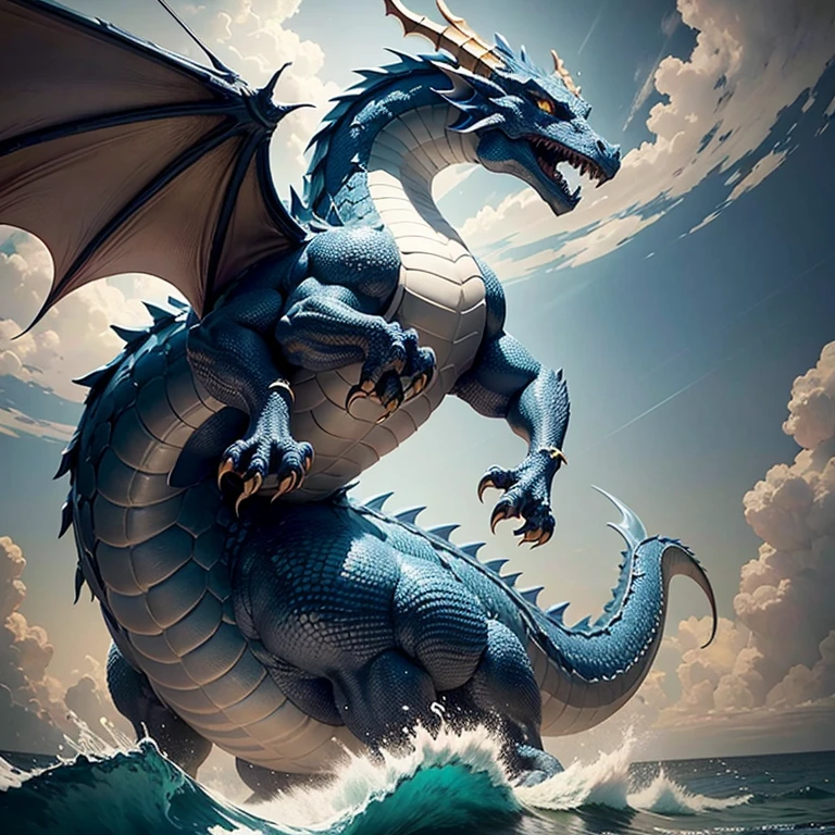 A dragon with a huge body and a leader-like presence emerges from the depths of the ocean, its heavy tortoiseshell shell glistening in the light. Its long tail gracefully sways through the blue swell sea. The dragon is rendered with exceptional detail using occlusion rendering techniques. The artwork has a super-fine level of intricacy, ensuring every scale and feature is meticulously captured. The image is of high quality, boasting a high resolution that showcases the dragon's majestic figure.