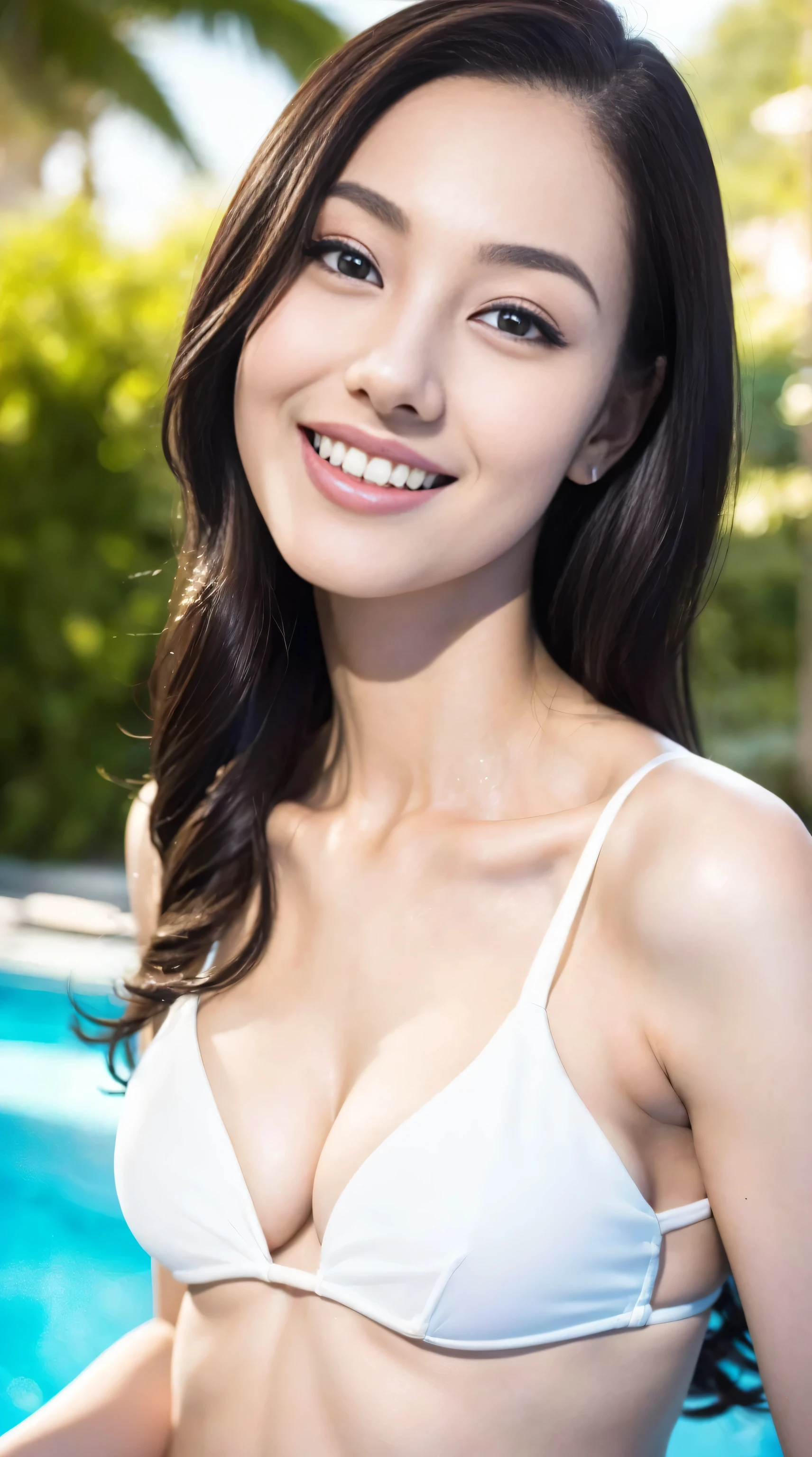 Fashion model 18 years old， [[[[Close-up cleavage]]]], [[[[rapeseed]]]], [[[[bshoulders]]]], perfect  eyes, Perfect iris，perfect lips，perfect teeth，Perfect Skin，with fair skin，HighDynamicRange，Movie Girl，(delicated face)，(Highly defined faces)，(((obscene exposure)))，(((A white bikini)))，(((Bigchest)))，(((pool in background)))，((A smile of excitement and satisfaction on his face))，((Sexy and charming expression))，((looking at viewert))，((面部的Close-up cleavage))，4K Ultra HD, 超高分辨率, (realistically: 1.4), Best quality at best，tmasterpiece，（pastel colour：1.2)