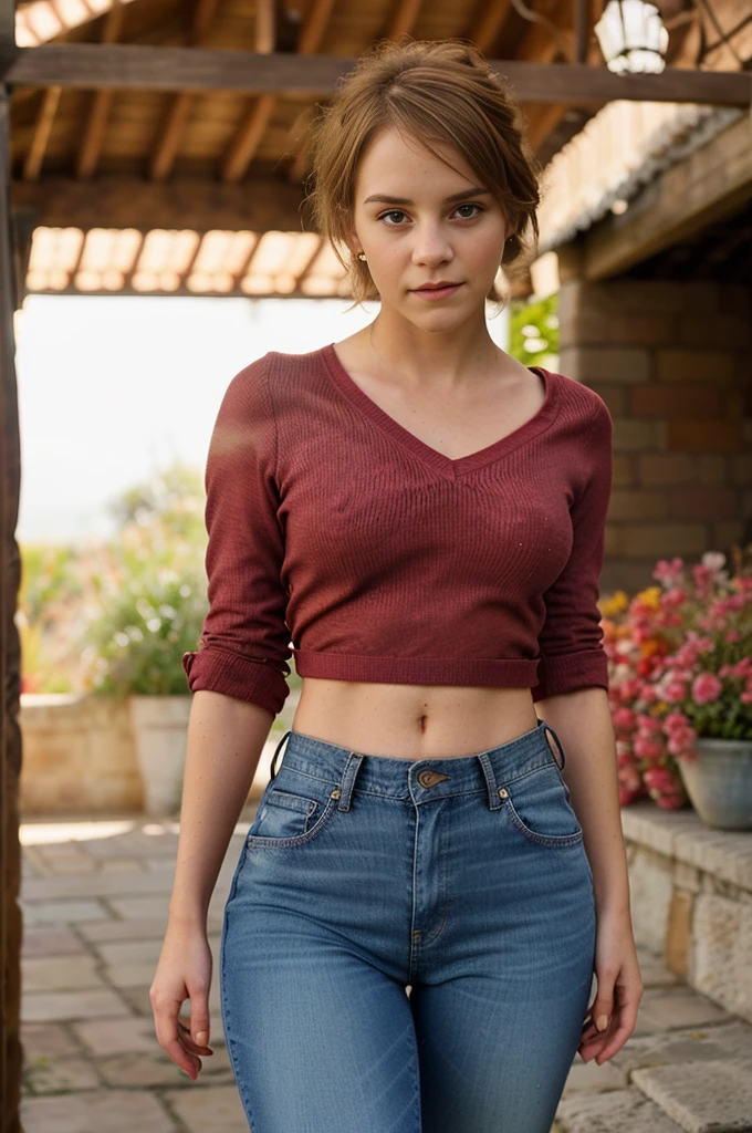 Emma Watson, jeans ajustados, Cameltoe, cuerpo completo, camisa roja sin mangas, Pezones duros, pelo suelto (softly backlit), realista, Obra maestra, sthe highest qualit, Blendenfleck, [[chromatic abberation]],Mejor sombra, Fotorrealismo, Hiperrealismo