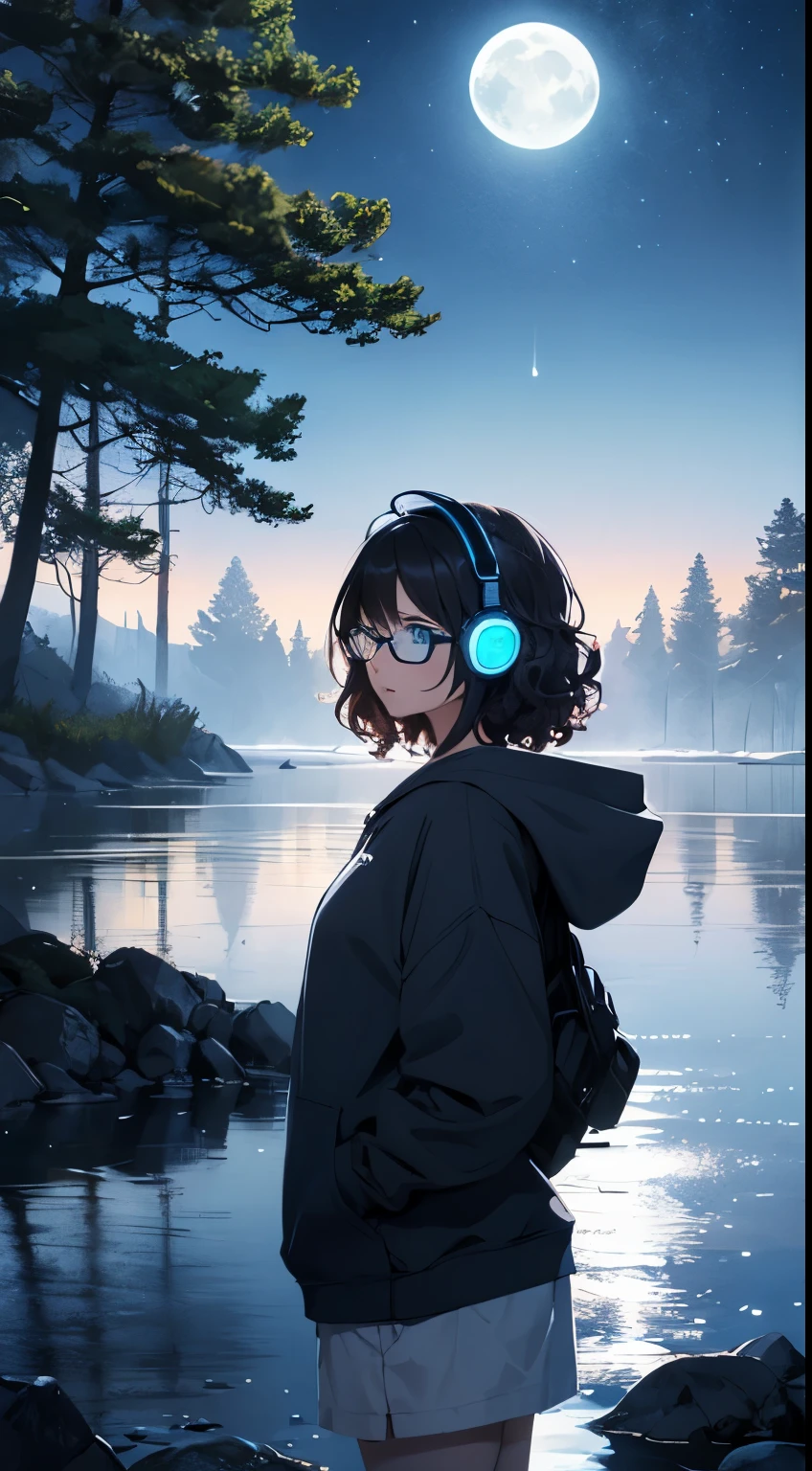 1 very Sexy hot girl, specs, curly hair, wearing blue hoodie, right side view of girl, facing left, wearing headphones, vibing, night background, aesthetic background, detailed, masterpiece, best quality, highest quality, 8k wallpaper, illustration, water color background, dark theme, clean atmosphere, water in background with sky reflection, trees, girl positioned to the right of view, night sky, moons and stars,