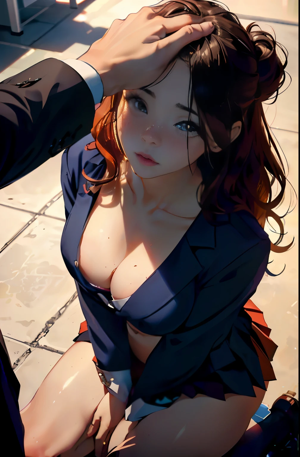 NSFW, headpat ,1girl, 1man, hand on another's head, pov, high angle view, (masterpiece, best quality, photo realistic:1.4), (shiny skin), (UHD, 8K wallpaper, High resolution), Perfect  anatomy, Cinematic lighting, physically-based rendering, award-winning, extremely detailed skin, extra detailed face, eyes with beautiful details, Carl Zeiss 85 mm F/1.4, (((1girl and 1man, couple, having ))), (a man standing in front of a kneeling woman, grabbing her head)(girl kneeling in front of a man:1.3), (woman tilting her head up), (1girl: 18 year old married woman, Japanese secretary, (ginger wavy semi-long hair, tied hair, hair bun), small breasts with cleavage, , (navy pleated Skirt lifted by herself:1.3), (1girl: noseblush and naughty, eyelushing, in the office, (1man: a handsome man and wearing recruit suit, holding her head), shot from diagonally forward, shot from above, head grab