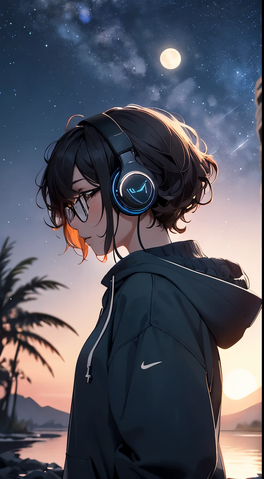 1 very Sexy hot girl, specs, curly hair, wearing blue hoodie, right side view of girl, facing left, wearing headphones, vibing, night background, aesthetic background, detailed, masterpiece, best quality, highest quality, 8k wallpaper, illustration, water color background, dark theme, clean atmosphere, water in background with sky reflection, trees, girl positioned to the right of view, night sky, moons and stars,