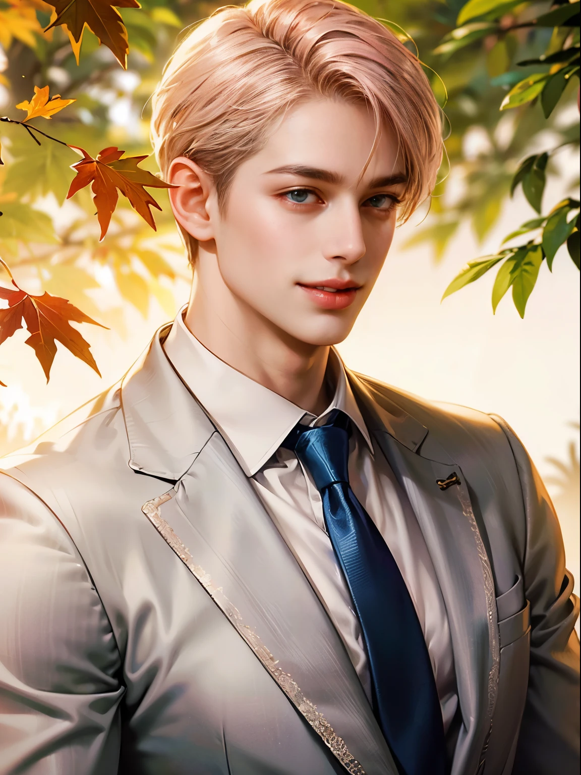 (absurdres, highres, ultra detailsd, HDR), 巨作, Best Quality, (巨作, Best Quality, high-resolution:1.4),(الphotography الفوتوغرافي الخام, Top  Quality, 巨作, an extremely delicate and beautiful, ighly detailsd, same, unity, 8k Picture Wallpaper, stunning detail, details, 巨作, Top  Quality, formal art, Highly detailsd ticker unity 8k wallpaper, A highly detailed, high-resolution, ighly detailsd, Clear, focus,)(Top  Quality), (realistic, الrealisticة الضوئية:1.5), (8k, soft lighting, Hitt Qualiti., lighting like a film), 1boy, kind, nice, Skin pore texture, HD , photography, film, Cinematic, portrait, realisticة, (8k, RAW photo, Best Quality, 巨作:1.2), (realisticة, photo-realisticة:1.33), Best Quality, (detailsd light-blue color eyes), (suit), (Coral colored hair), (16 years old), ((light pink suit)), (handsome), (young), portrait, smile, (background: Autumn maple forest), bust, (Muscular), (niceman), detailsd and realisticة portrait of a boy, (shelling), (Golden hour light), (British), (pale), (light pink hair), (pastel colored suit), (playful), (extremely handsome), (Light pink tie), (nice smile), (Caucasian)
