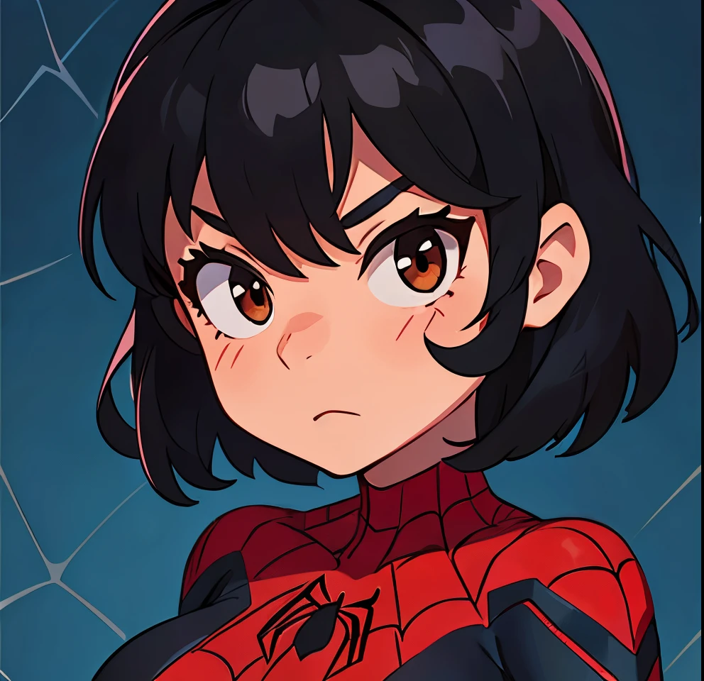 Cartoon, Spider Man costume, Girl, Medium Hair, Black Hair, Medium boobs, Face Focus