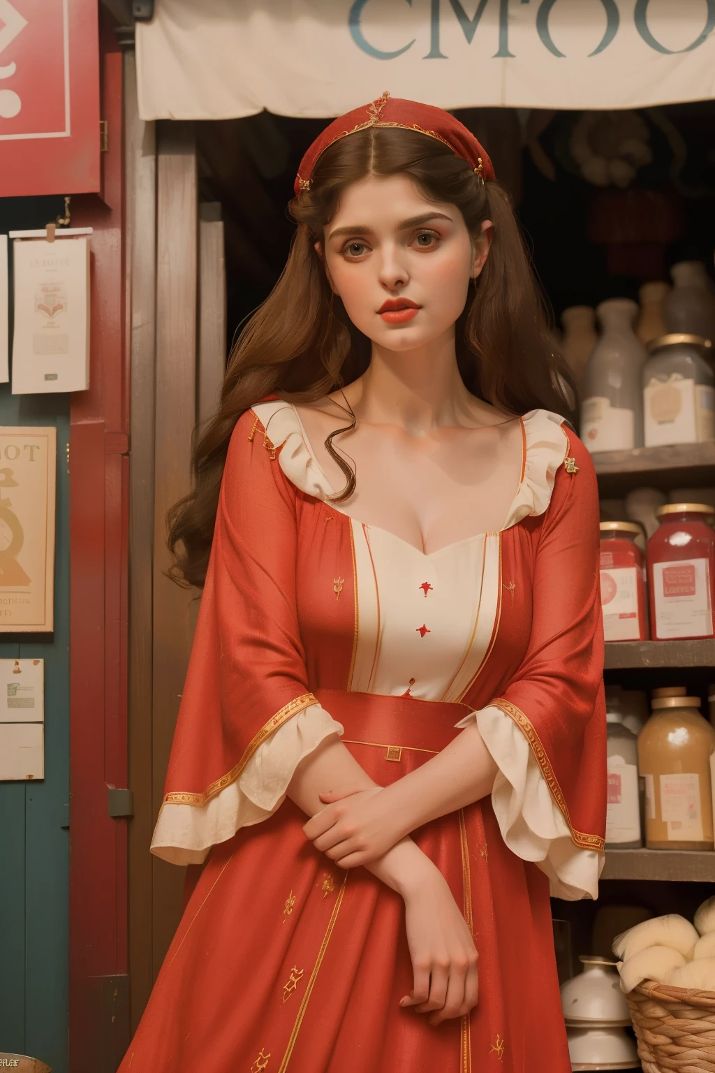1142, Kingsbridge, England. otherworldly scene in a medieval crowded outdoors market, ((((22-year-old)) Alexandra Daddario)), in the middle of a multitude, selling sheep fleece, ((terrified expression)), ((((scarlet tunic gown from the 12th century)))), ((Hairstyle of the 12th century)), ((Wes Anderson cinematic style)), colorful