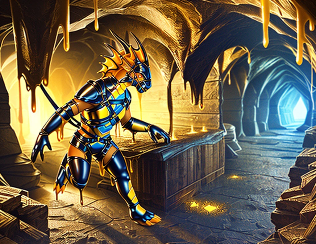 red yellow orange, a photorealistic HD cg closeup render of a female paladin morphing into a latex dragon as a cursed dragon tack wraps around her body, red and yellow with orange accents, human latex dragon hybrid, wearing dragon's saddle, harness, bridle, and mithril plate armor, inside abandoned stall in subterranean dragon aerie cave, heavy armor, human morphing into latex rubber goo dragon, latex goo coating