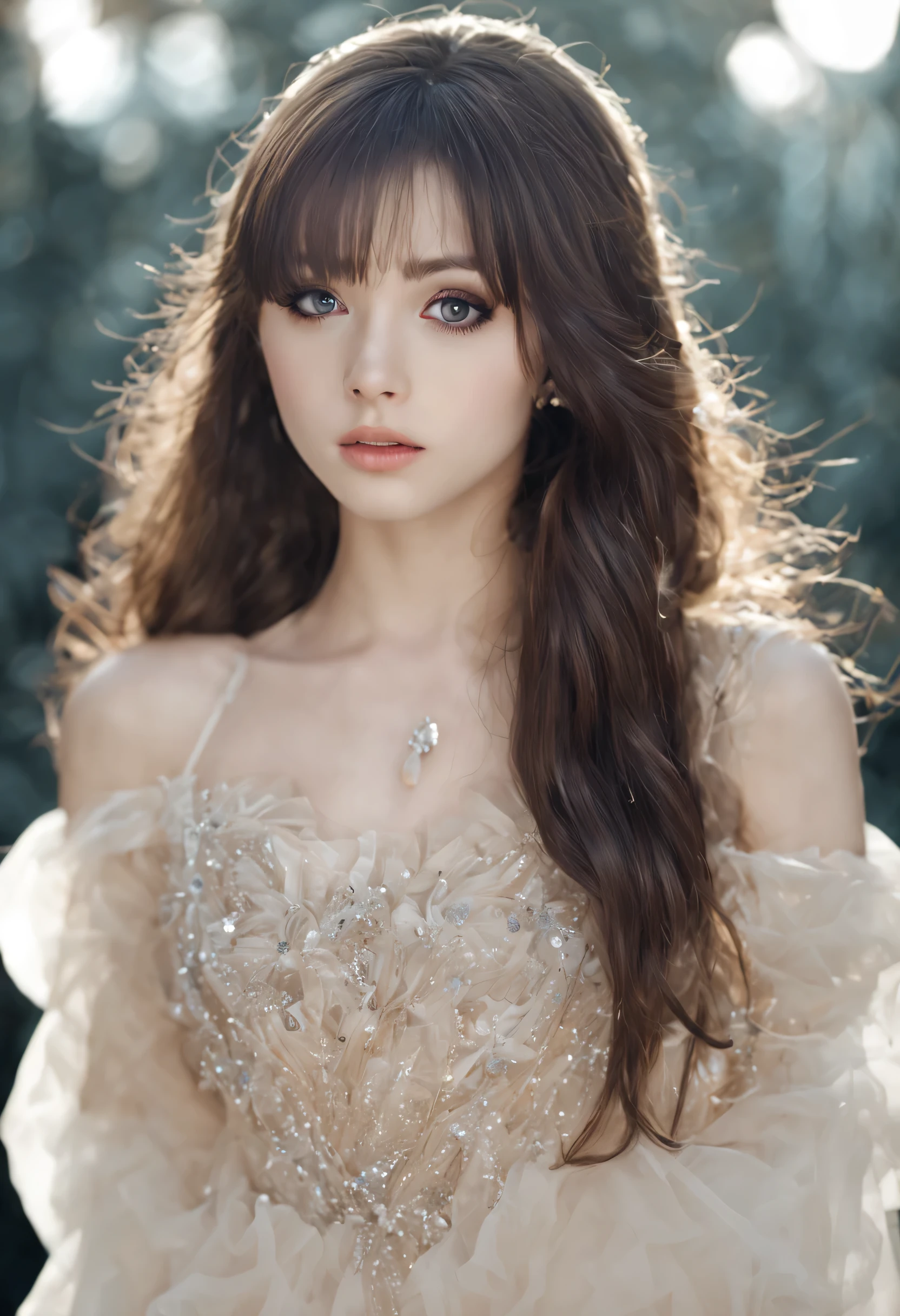 super fine illustration, an extremely cute and beautiful girl, highly detailed beautiful face and eyes, look at viewer, cowboy shot, beautiful hair, solo, dynamic angle, beautiful detailed long crystal dress with many frill, dark background, there are many luminous crystals in background, dynamic angle