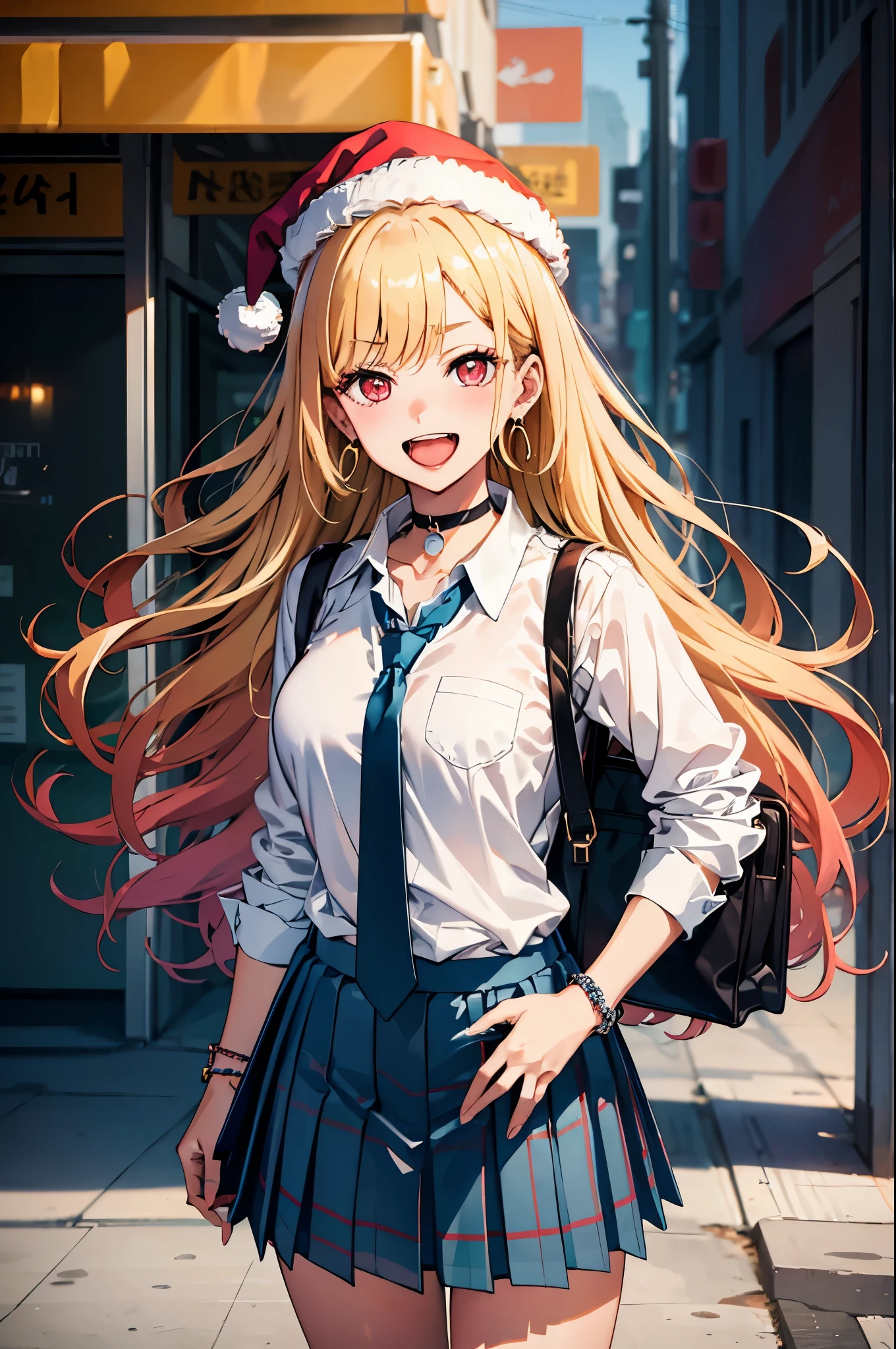 (((masterpiece))), MarinKitagawa, 1girl, long hair, looking at viewer, blush, smile, open mouth, skirt, blonde hair, large breasts, shirt, red eyes, 1boy, holding, cleavage, jewelry, school uniform, white shirt, :d, pleated skirt, earrings, outdoors, necktie, teeth, solo focus, choker, collared shirt, bag, blurry, bracelet, blue skirt, plaid, blurry background, black choker, plaid skirt, phone, piercing, cellphone, ear piercing, holding phone, school bag, blue necktie, tied shirt, bead bracelet, ((Santa hat, x-mass party)),