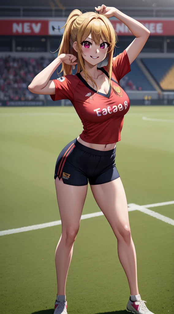 anime, beautiful face, highly detailed face, 2 accurate legs, pink detailed eyes, highly detailed background, perfect lighting, accurate arms, accurate hands, accurate fingers, blonde hair, full body, 1girl, solo, ruby hoshino, oshi no ko, outdoors absurdres, high res, ultrasharp, 8K, masterpiece, looking at the opponent, (full body:1.4), teasing smile, tight football t-shirt, tight sport shorts, playing football against someone, cleavage, on a soccer pitch, soccer