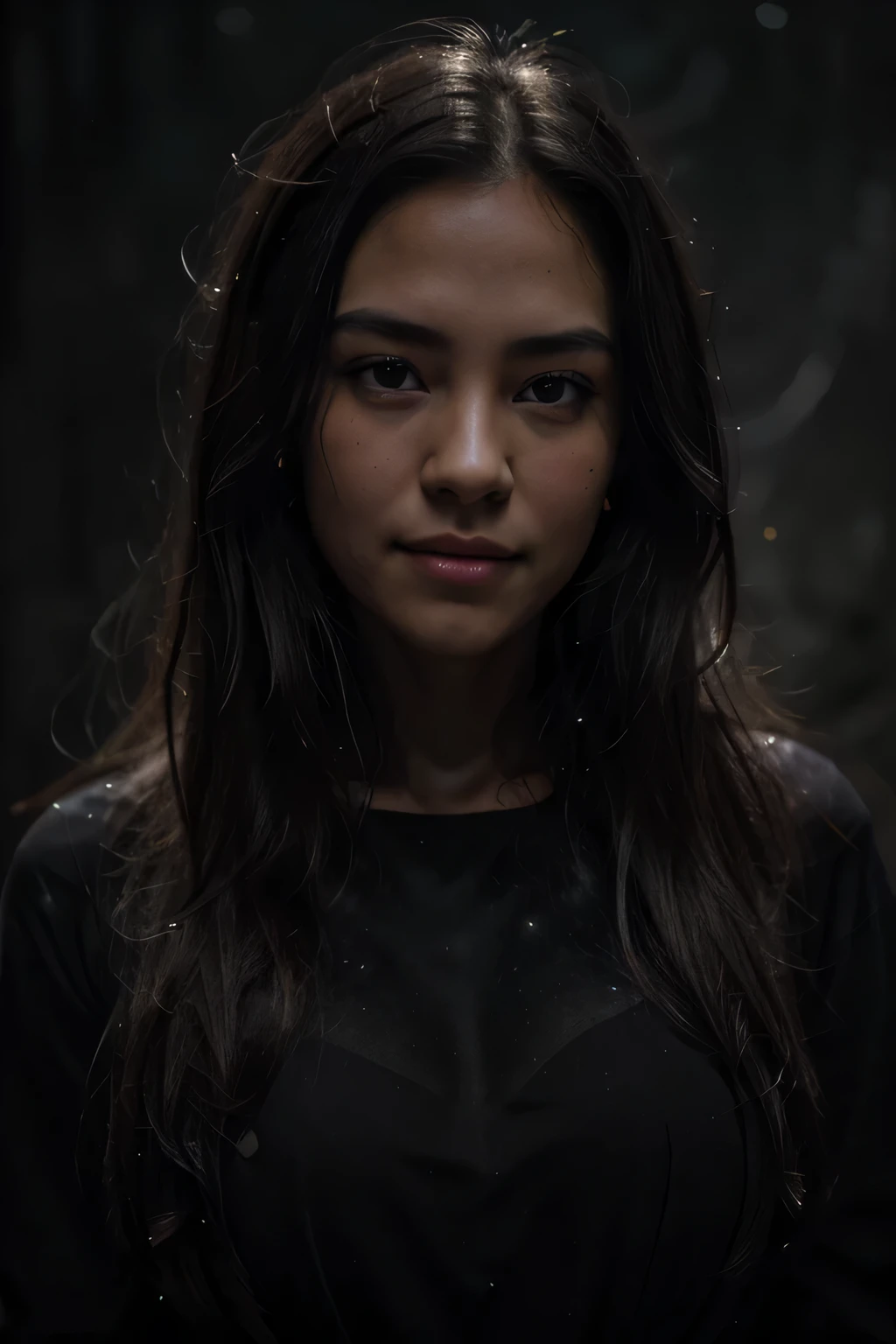 highest quality, epic realistic, ((in the pitch black darkness :1.4)), ((portrait:1.5)),(background: dark ) high contrast ,glorious picture, lowest lux, lighting face, she's comfortable, dark plain shirt, looks incredible, (8k, Raw photo, Highest quality),(epic realistic:1.5), a woman, face,(detailed eyes:0.8),(looking at the camera:1.4), (Highest quality), ( high contrast, deep shadows),Intricate details,cinematic,((skin:1.4)), (long dark hair:1.3), long hair, messy ,(Hdr:1.5),Detailed, colors, Superior quality, ( starry sky: 1.4), Masterpiece, Raw Photo (20-year-old, looking at viewer), beautiful, (wearing dark shirt,), perfect, natural, perfect composition, portrait, perfect face, smiling expression, Captivating eyes, Bright details, Tight lips, (High Skin Detail),, (blue tint: 0.6), (sale: 0.8), (bloody: 0.7), Key lighting , (backlight: 0.5), Medium depth of field, Canon 5d, 50mm lens, f/4 apertures, (Ultra-detailed, Complex detail), sharp focus, soft colors, 8k, Absurd, 80mm, dark background, photography, smiling, pinay, filipina, small boobs
