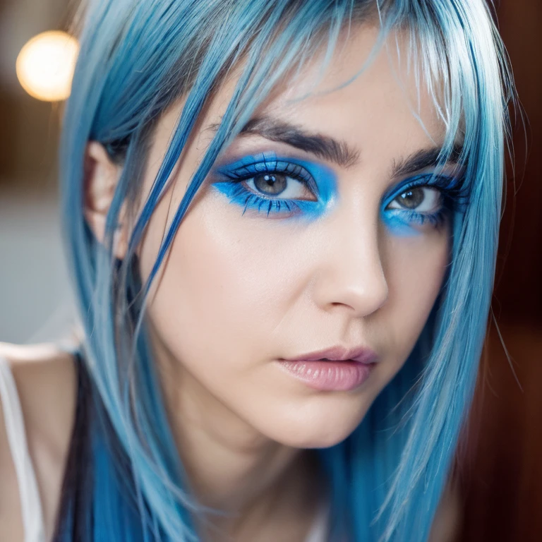 ojos azules, Tatuajes, sin sujetador, cabello azul, cara seductora y sexy