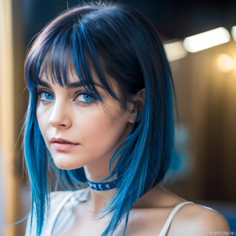 ojos azules, Tatuajes, sin sujetador, cabello azul, cara seductora y sexy