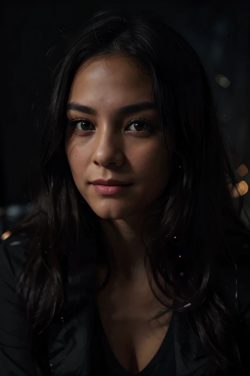 highest quality, epic realistic, ((in the pitch black darkness :1.4)), ((portrait:1.5)),(background: dark ) high contrast ,glorious picture, lowest lux, lighting face, she's comfortable, dark plain shirt, looks incredible, (8k, Raw photo, Highest quality),(epic realistic:1.5), a woman, face,(detailed eyes:0.8),(looking at the camera:1.4), (Highest quality), ( high contrast, deep shadows),Intricate details,cinematic,((skin:1.4)), (long dark hair:1.3), long hair, messy ,(Hdr:1.5),Detailed, colors, Superior quality, ( starry sky: 1.4), Masterpiece, Raw Photo (20-year-old, looking at viewer), beautiful, (wearing dark shirt,), perfect, natural, perfect composition, portrait, perfect face, smiling expression, Captivating eyes, Bright details, Tight lips, (High Skin Detail),, (blue tint: 0.6), (sale: 0.8), (bloody: 0.7), Key lighting , (backlight: 0.5), Medium depth of field, Canon 5d, 50mm lens, f/4 apertures, (Ultra-detailed, Complex detail), sharp focus, soft colors, 8k, Absurd, 80mm, dark background, photography, smiling, pinay, filipina, small boobs
