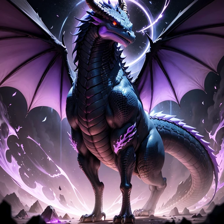 A big European dragon , The whole body is black with large wings, the head has horns, the forehead has a purple crystal in the middle, the mouth is breathing blue fire, around the head there are light blue souls flying. It was looking down, with purple diamonds on its forehead