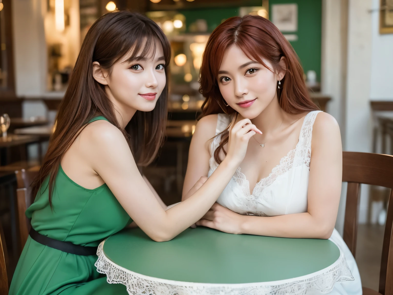 A breathtaking film about attractive women, (Best Quality, 8K, 32K, masutepiece, nffsw:1.2), 25 years old, Red medium hair, refined face, Vicious smile, Real Hand, Ring on the finger, Realistic body, Strong legs, high detailed skin texture, extremely detailed fingers, Raw photo, deepshadow, Dynamic lighting, lowkey, (Highly detailed 8K background images), Film grain, Fujifilm XT3 Sharp Focus, F 5. 6, 50 millimeters, high detailing, Sharp Focus, (Natural exposure), photogenic, sitting on table, italian cafe, White and green dress, 2 girls