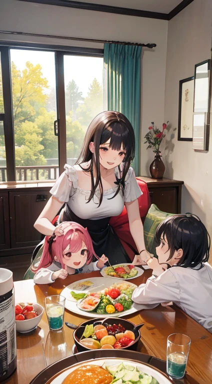 The picture shows a family sitting around the dining table,Share food and laughter。