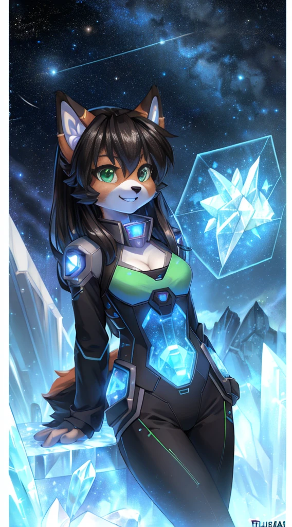 Красивый и деталdeированный (cute portrait) de ((crystal)), Star Fox crystal, Skinny, adorable, Green eyes, small breasts, spacesuit, Typing on a holographic computer, cleavage, grin, Looking Up,, anthro, Furry, Holographic screen, science fiction, Uploaded by e621, detailed Fluffy fur, (by fluff-kevlar, Bayard Wu, personalami, pino daeni), Detailed Face, (Fluffy),