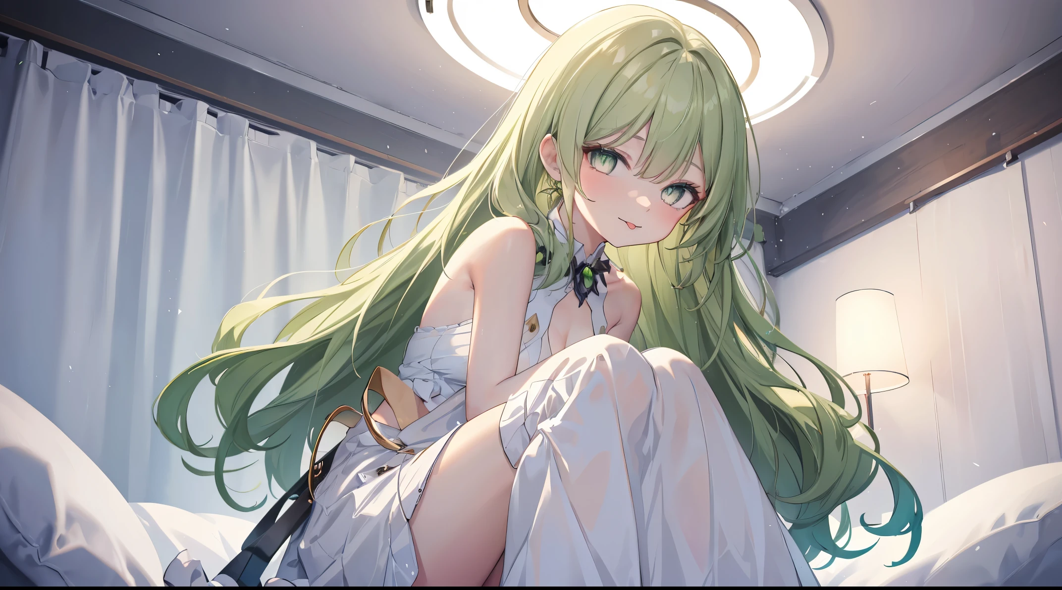 1 girl，Best quality, tmasterpiece, Long green hair, beautiful,detailed eyes, HD, extremely detailed, Visually inspect the audience, (green eyes:1.3), (solo:1.1), Mouth sticking out tongue，The face is slightly red，is shy，full bodyesbian，adorable，Lori small breasts cleavage，white dresses，(sitting on his knees on the bed:1.4),