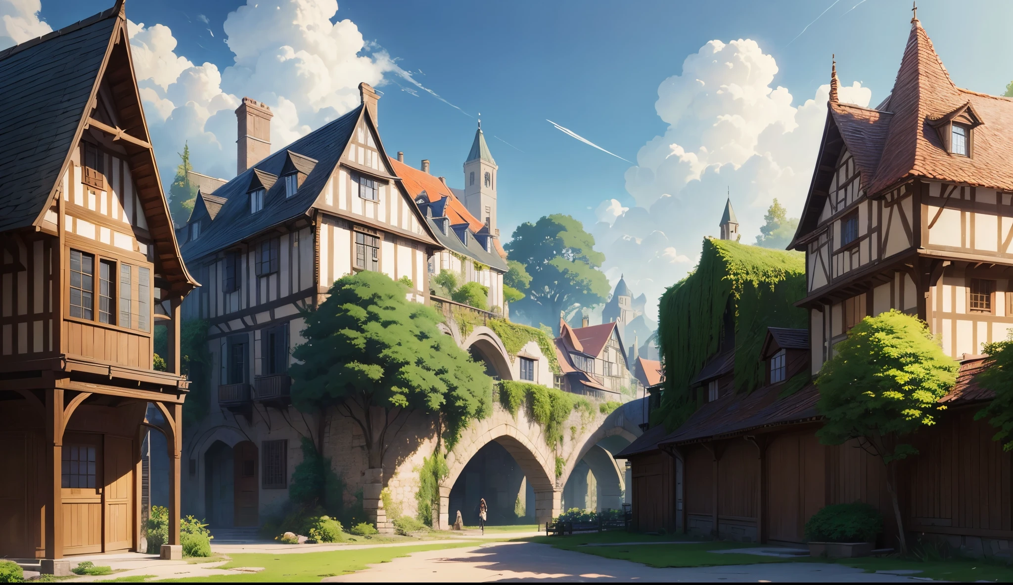 4K, actual, The is very detailed, wide wide shot, Humid medieval town, A vibrant, fantasticalplants, A big house, Estilo de Makoto Shinkai, anime backgrounds, concept-art, (No characters appear), actual lighting, Epic work, diffused, (tmasterpiece, Best quality at best), hyper HD, 32k --v 6