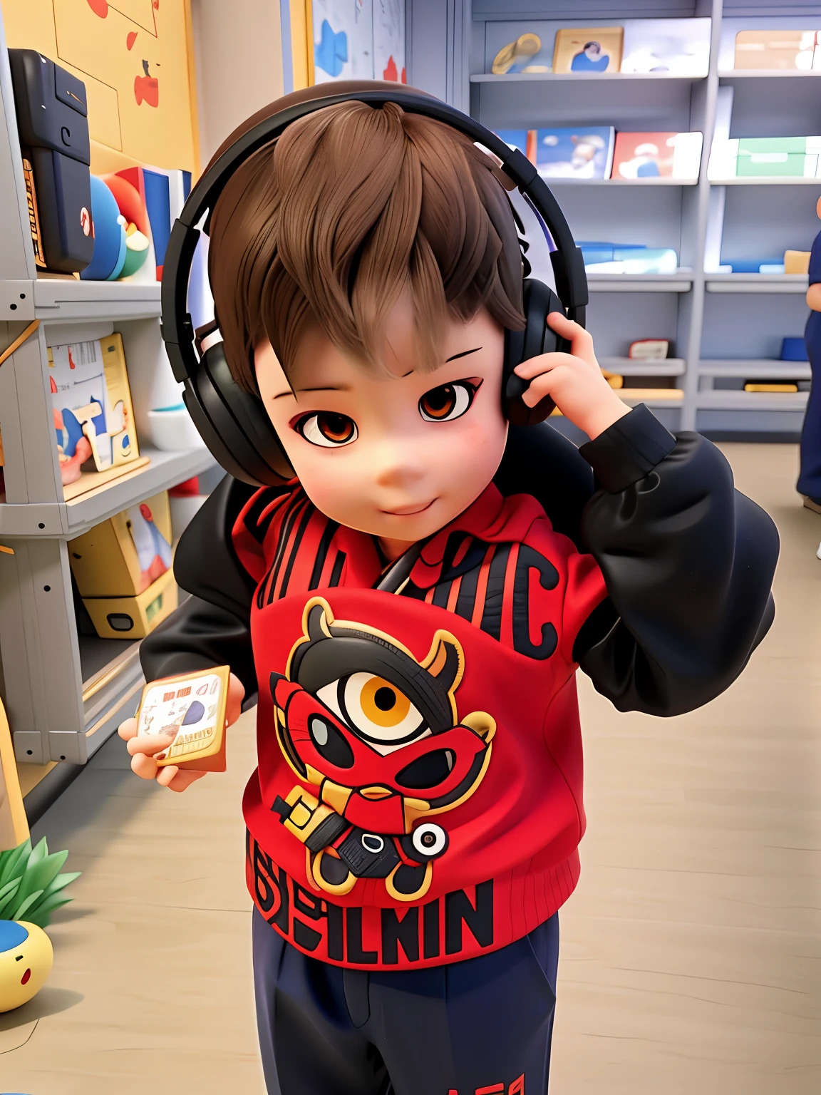 tHere is a yoshow onng schoolboy wearing HeadpHones and a red sHirt, Gamine, Handsome japanese demon schoolboy, next gen, Gamine, 2 years old, little Gamine, Gamines, Gamineren, Nothing, H. show on. d, a handsome, schoolboy, mistic, fshow ontshow onre activist, cshow onte schoolboy, A girl at a shrine, in the style of akira, Uptrend ，, demon schoolboy