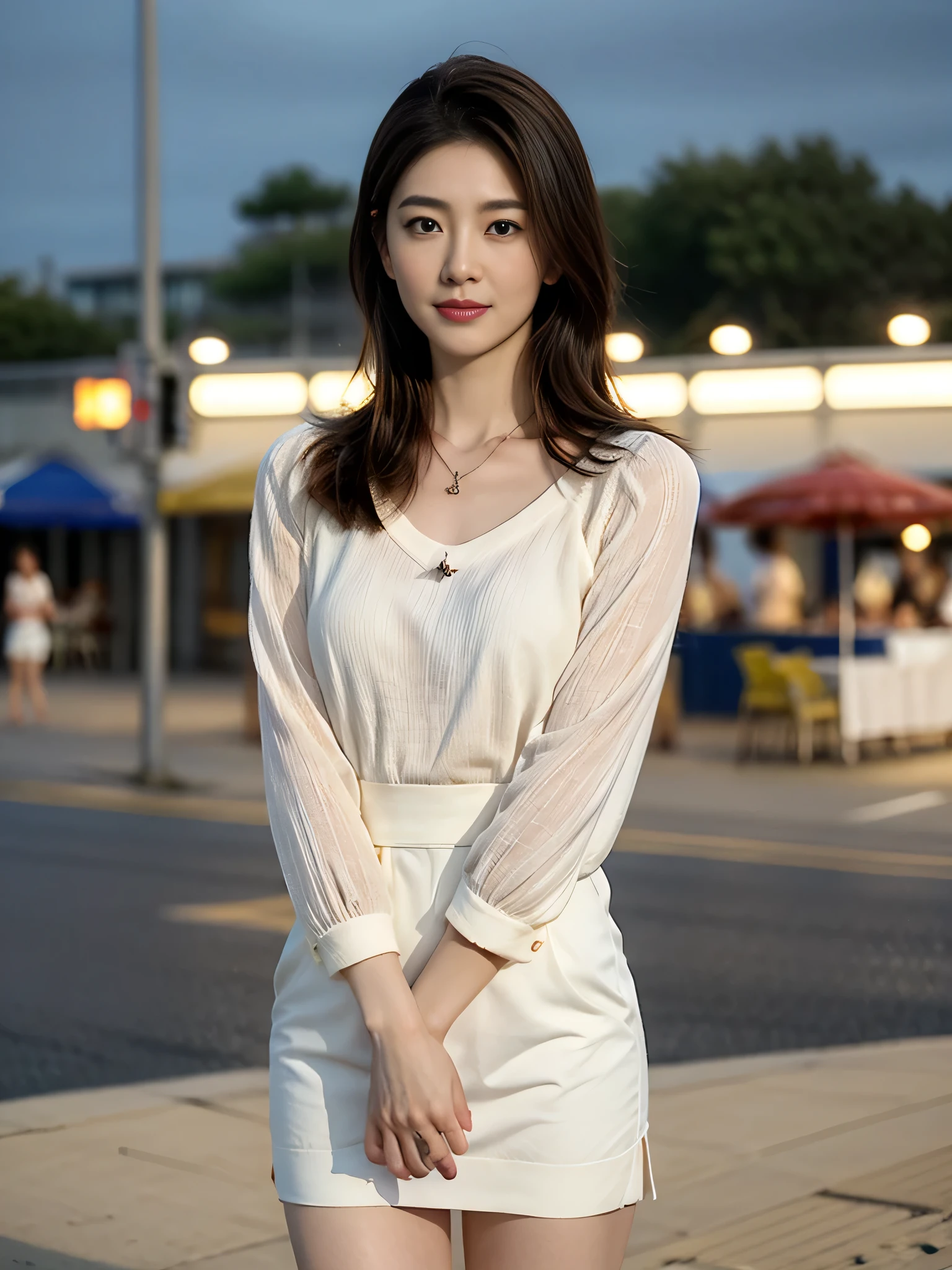 ((Luzes Realistas, Best quality, 8K, tmasterpiece:1.3)), lock focus:1.2, 1人の女性，， Beautiful woman with slim figure:1.4, 30 age old，Height 175 cm， Full body photo，((dark brown  hair)),（luring，during night：1.1），（natta），（On the beach of Seiolence，Wear a necklace，to emphasize，Ultra-fine face，Fine Eye，二重まぶた，The upper circumference is plump，（比基尼），Correct lens distortion，（（stand posture）），（（stand posture）），look straight at the camera，Hands naturally droop