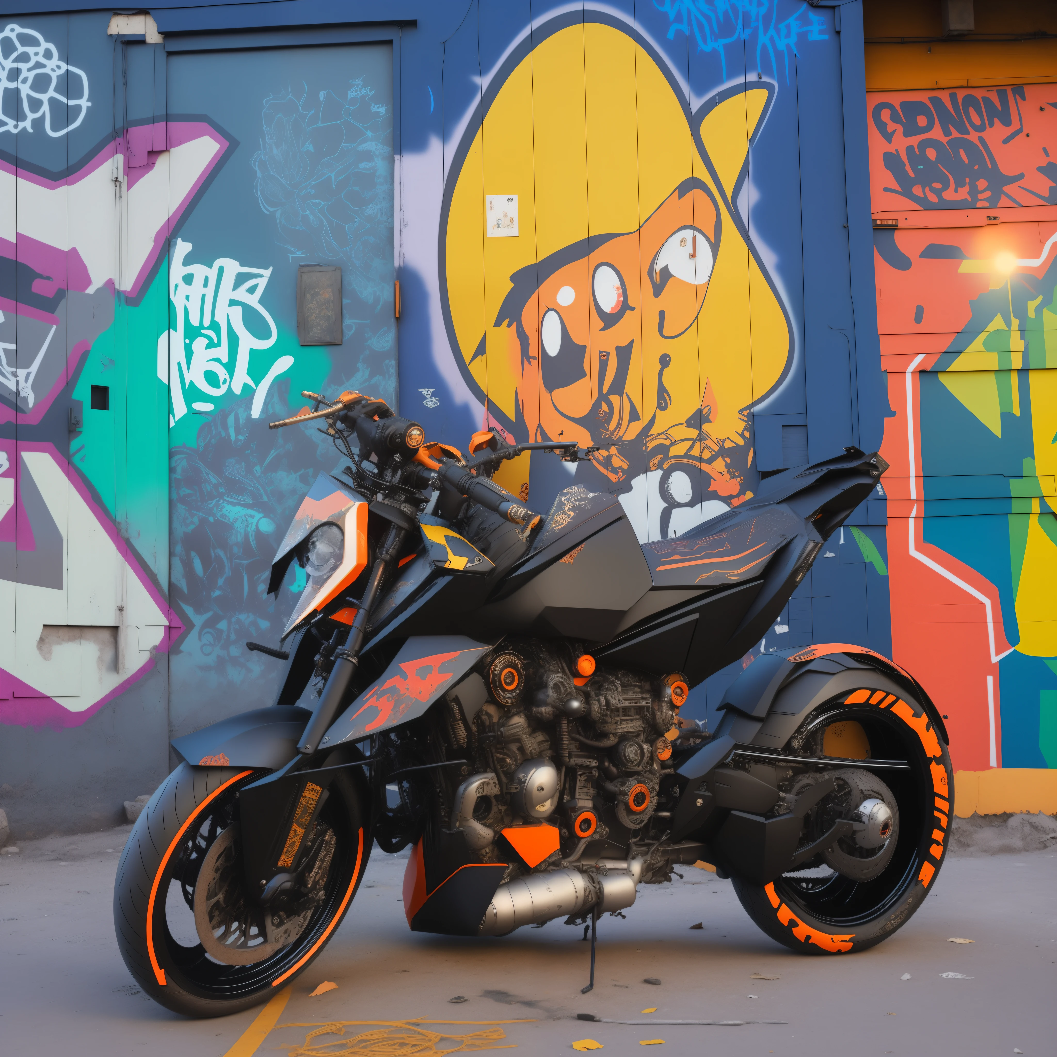 arafed motorcycle parked in front of a graffiti covered building, 8 k highly detailed ❤🔥 🔥 💀 🤖 🚀, 🧒 📸 🎨, 🚿🗝📝, samurai vinyl wrap, future!!, sitting on cyberpunk motorbike, inspired by Alex Petruk APe, 8k)), 🪔 🎨;🌞🌄, black and orange