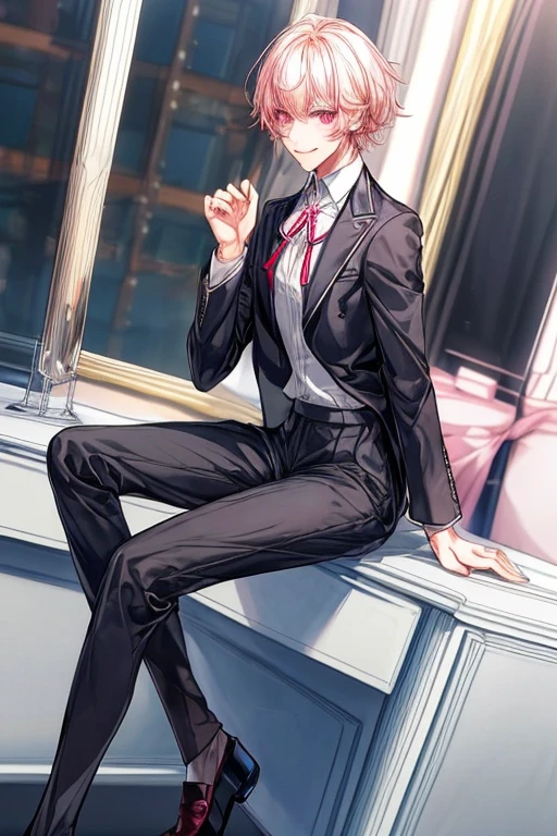 (1male people：Student uniform、Black tie、Gray jacket, White shirt, Gray trousers、One ear only, one earring,、Blonde berry shorthair、Golden Eyes、a smile、tall、tall、Tall、a handsome、refreshing)、(1female：long pink hair、Pink eyes、short、short in stature、Best style、white  shirt、Red Ribbon、Student uniform、grey skirt、F-cup、Sit up)、(((a couple、Flirting)))、a smile、‎Classroom、