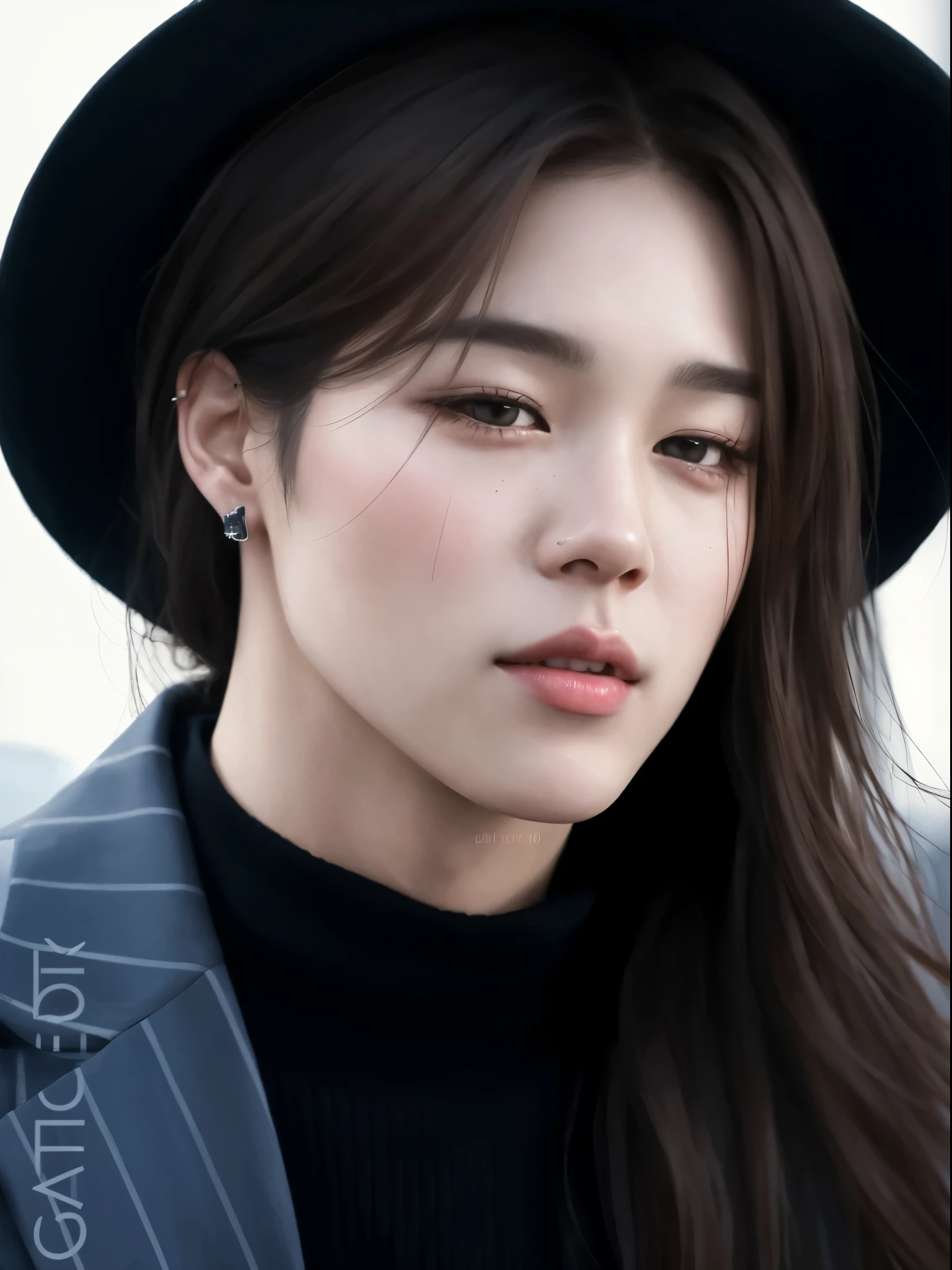 Park Jimin with hat and suit, Retrato de jimin do Bts, inspirado em Park Jimin, retrato altamente detalhado, Jimin\Plump lips, realista, realistic digital illustration, Realistic portrait, portrait of kpop idol, pintura digital realista, pintura digital altamente detalhada, Jimin\Nariz grego, realismo. Park Jimin face