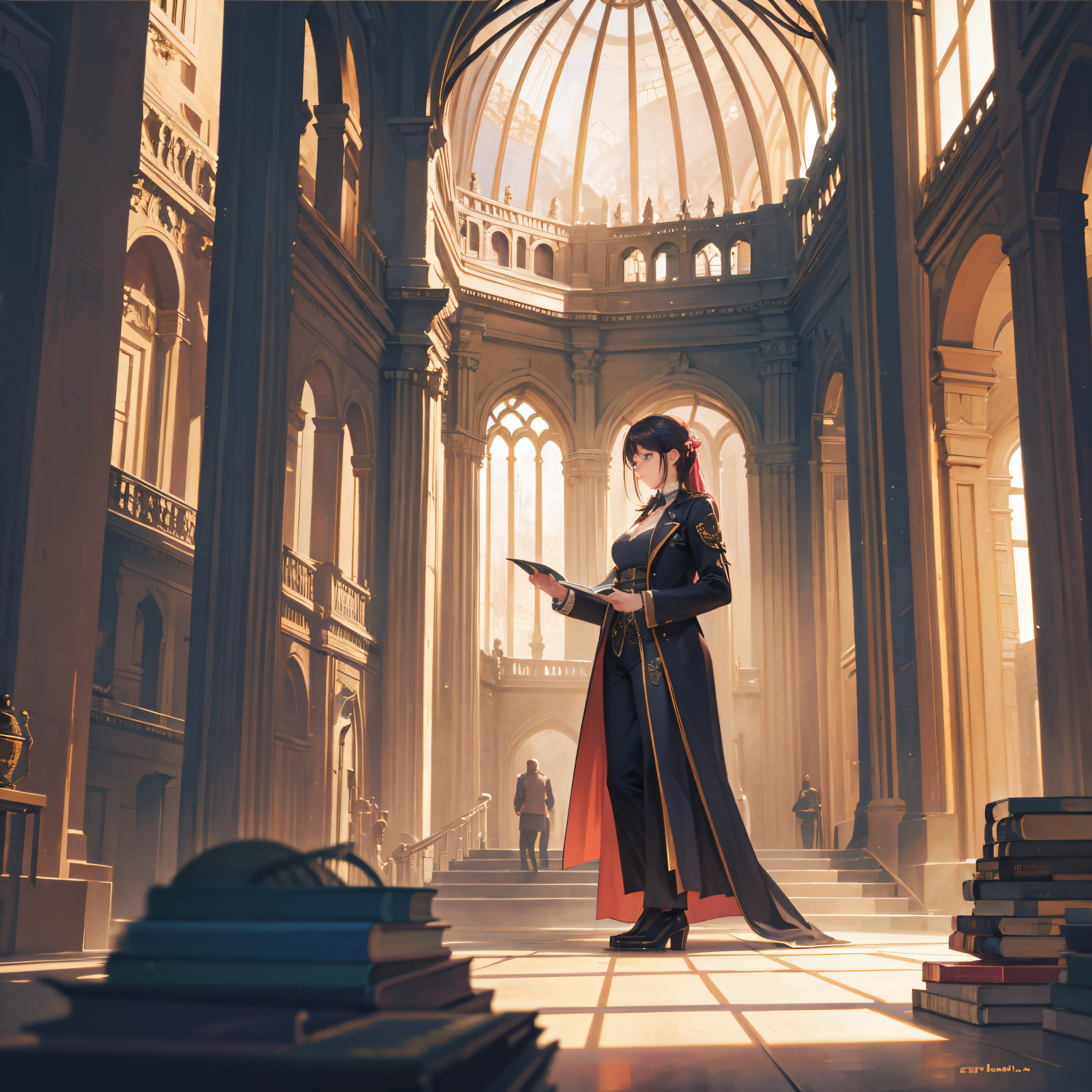 Victoria steampunk (top-quality, tmasterpiece, Hyper Real), Indoor majestic library, domes, A lot of books, ((No Man)) --v6