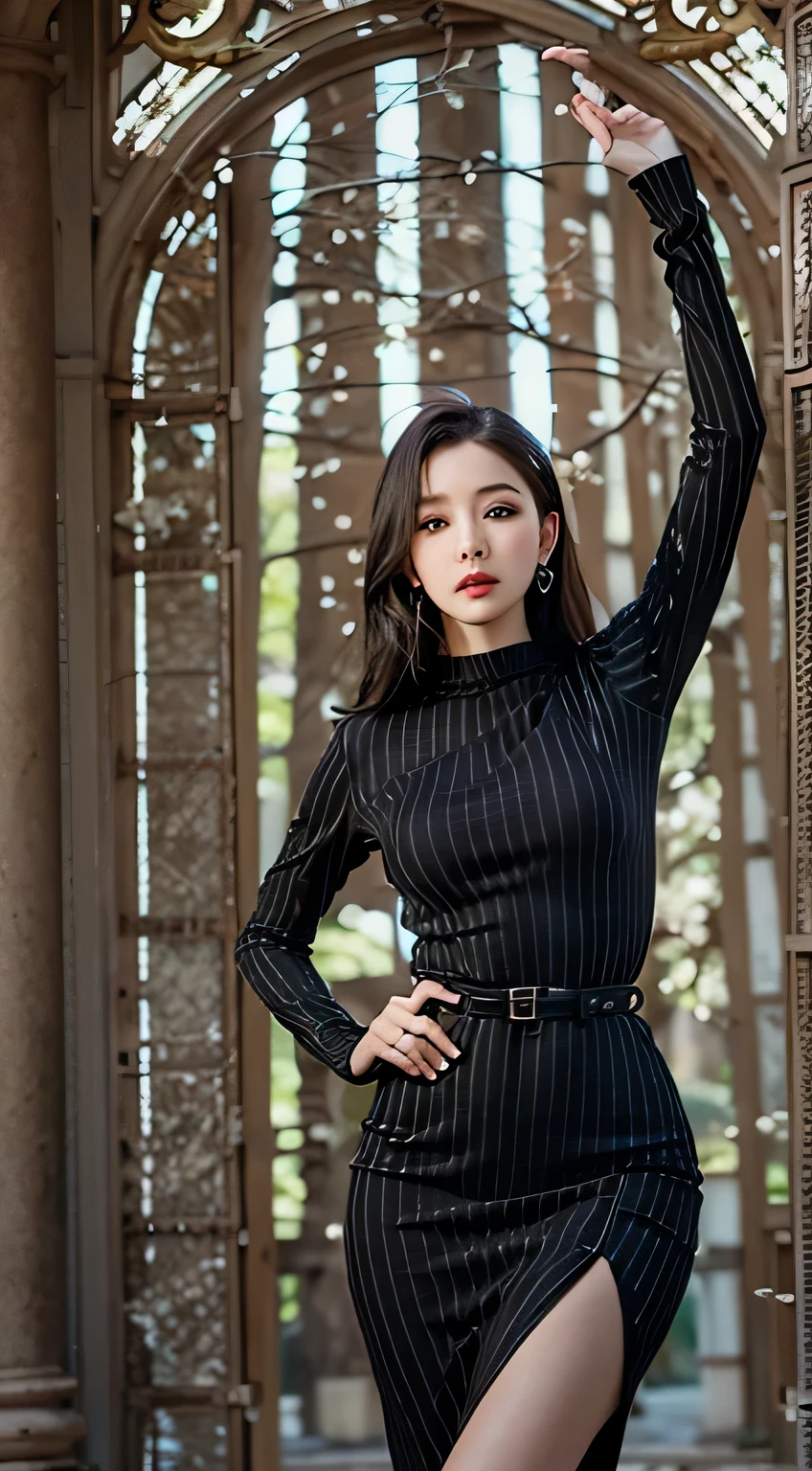 A woman in a black dress posing with her arms raised, full body xianxia, Wearing a black tight dress, jiyun chae, skintight black clothes, she wears a black dress, Dried up,and the sun was shining brightly, Charming Tifa Lockhart, Attractive posing, fan bingbing, beautiful Korean women,Advertising model full body photo
