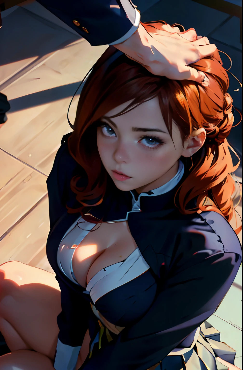 NSFW, headpat ,1girl, 1man, hand on another's head, pov, high angle view, (masterpiece, best quality, photo realistic:1.4), (shiny skin), (UHD, 8K wallpaper, High resolution), Perfect  anatomy, Cinematic lighting, physically-based rendering, award-winning, extremely detailed skin, extra detailed face, eyes with beautiful details, Carl Zeiss 85 mm F/1.4, (((1girl and 1man, couple, having ))), (a man standing in front of a kneeling woman, grabbing her head)(girl kneeling in front of a man:1.3), (woman tilting her head up), (1girl: 18 year old married woman, Japanese secretary, (ginger wavy semi-long hair, tied hair, hair bun), small breasts with cleavage, , (navy pleated Skirt lifted by herself:1.3), (1girl: noseblush and naughty, eyelushing, in the office, (1man: a handsome man and wearing recruit suit, holding her head), shot from diagonally forward, shot from above, head grab