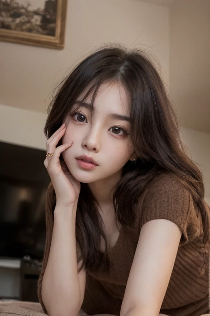 Highest Quality, masterpiece, unbelievably beautiful, very delicate 8k wallpaper, Transcendently Beautiful Girl, girl watching tv on the sofa, japanese, 20 year old, sexy pajamas, wariza,Cute and very detailed eyes, Cherry-heart-shaped lips, ((room at night)), ((dark light)), dark ilumination, Detailed eyes, detailed facial features, detailed arms, Detailed fingers, Detailed legs