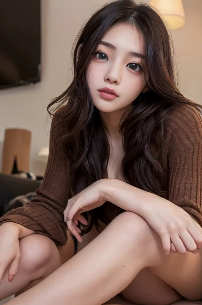 Highest Quality, ​masterpiece, unbelievably beautiful, very delicate 8k wallpaper, Transcendently Beautiful Girl, girl watching tv on the sofa, japanese, 20 year old,  sexy pajamas, wariza,Cute and very detailed eyes, Cherry-heart-shaped lips, ((room at night)), ((dark light)), dark ilumination, Detailed eyes, detailed facial features, detailed arms, Detailed fingers, Detailed legs
